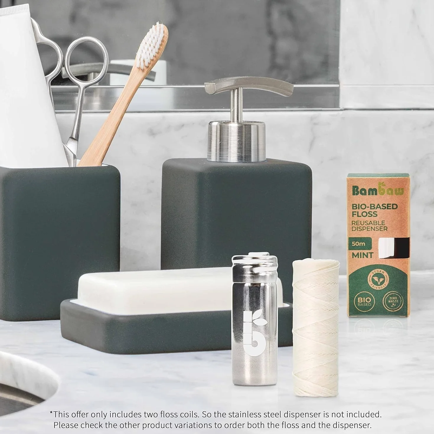 Naturalna nić dentystyczna bez plastiku | woskowana nić dentystyczna, opakowanie uzupełniające 2 x 50 m | Bambaw