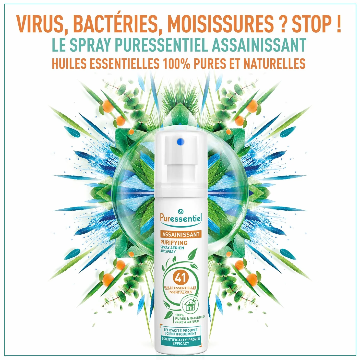Puressentiel Spray oczyszczający powietrze 75 ml, 100% naturalny spray do pomieszczeń, odświeżacz powietrza, eliminator zapachów, organiczne olejki eteryczne, do domu, samochodu i biura, bez gazu