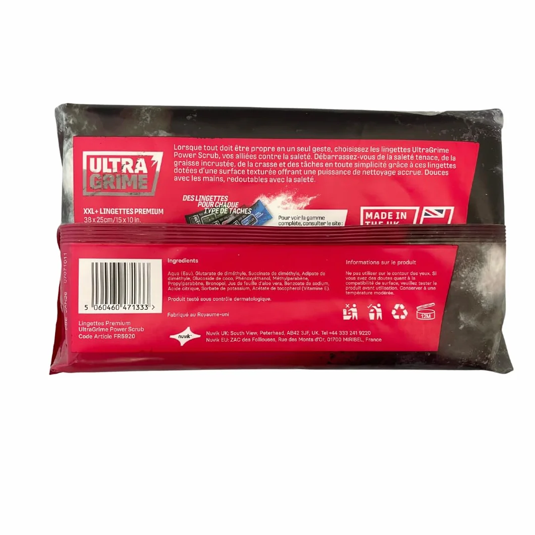 UltraGrime Pro Power Scrub Cleaning Wipes | Wydajne przemysłowe chusteczki do usuwania zabrudzeń i zabrudzeń na wszystkich powierzchniach | 100 bardzo szerokich wilgotnych ściereczek, 38 cm x 25 cm