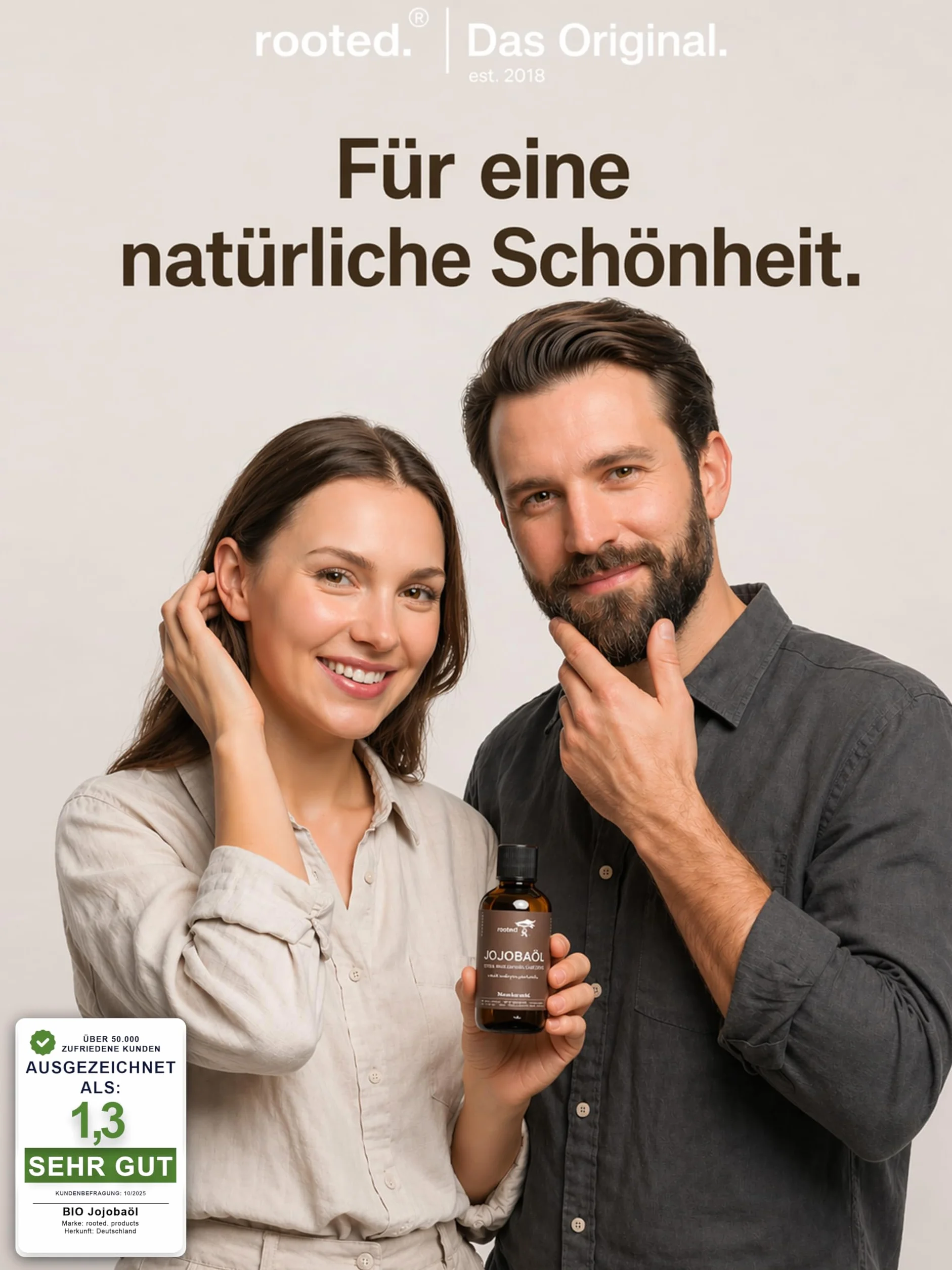 rooted.® Bio olejek jojoba 50 ml – 100% czysty, tłoczony na zimno olejek jojoba – olej nośny do olejków eterycznych – pielęgnacja skóry, twarzy, włosów, paznokci i brody – naturalny i bez dodatków
