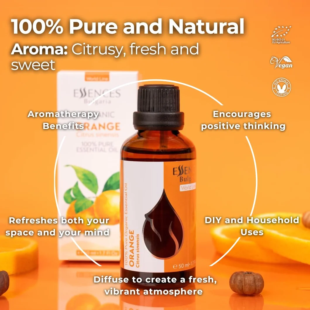 Essences Bułgaria Organiczny Olejek Eteryczny z Pomarańczy 50 ml | Citrus sinensis | 100% Czysty i Naturalny | Nierozcieńczony | Klasa Terapeutyczna | Aromaterapia | Kosmetyki | Bez okrucieństwa