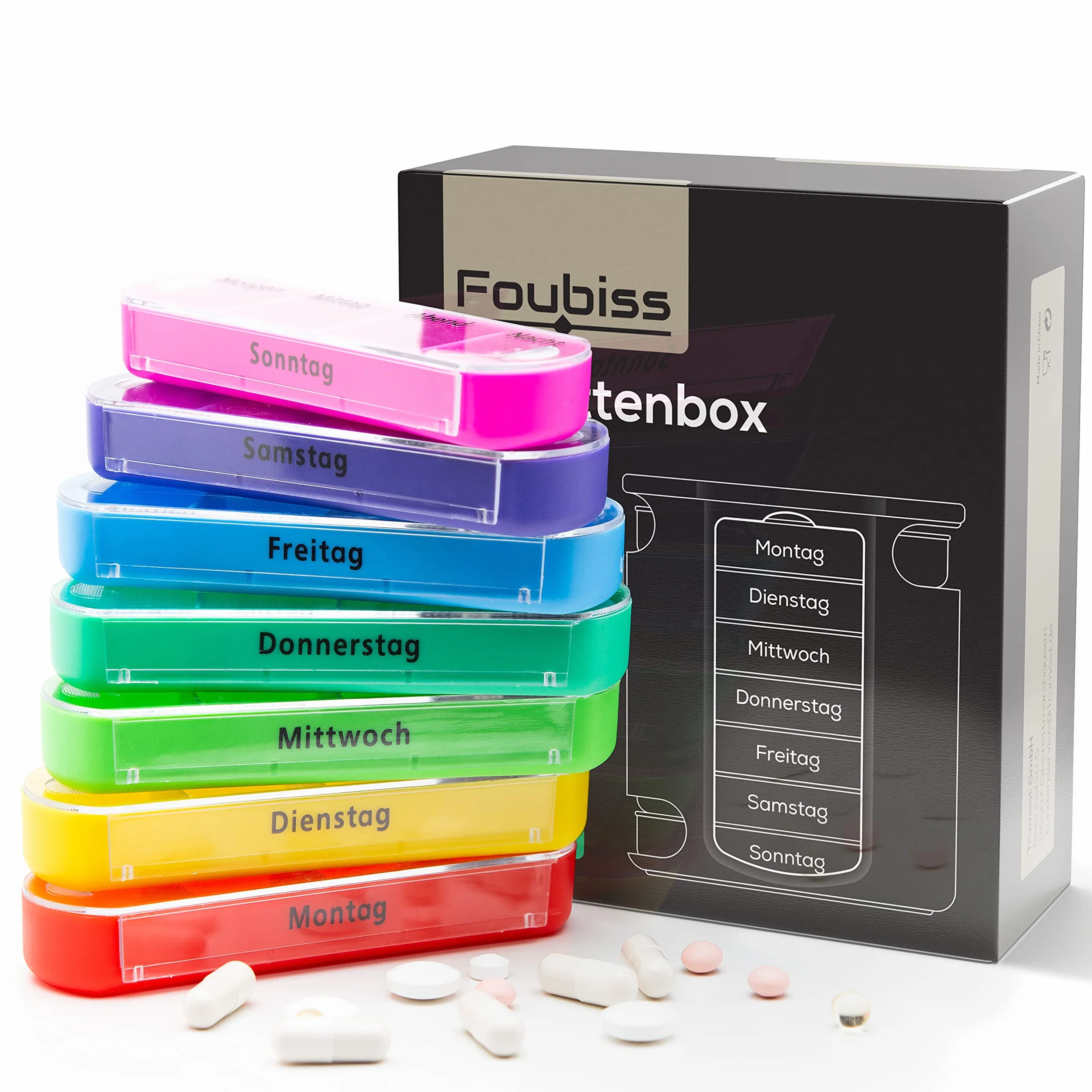 Foubiss Pudełko na tabletki 7 dni – nie zawiera BPA – 4 przegródki dziennie – pudełko na tabletki w podróży – pudełko na lekarstwa na poranki, południe, wieczorem, w nocy – przyjazne dla seniorów