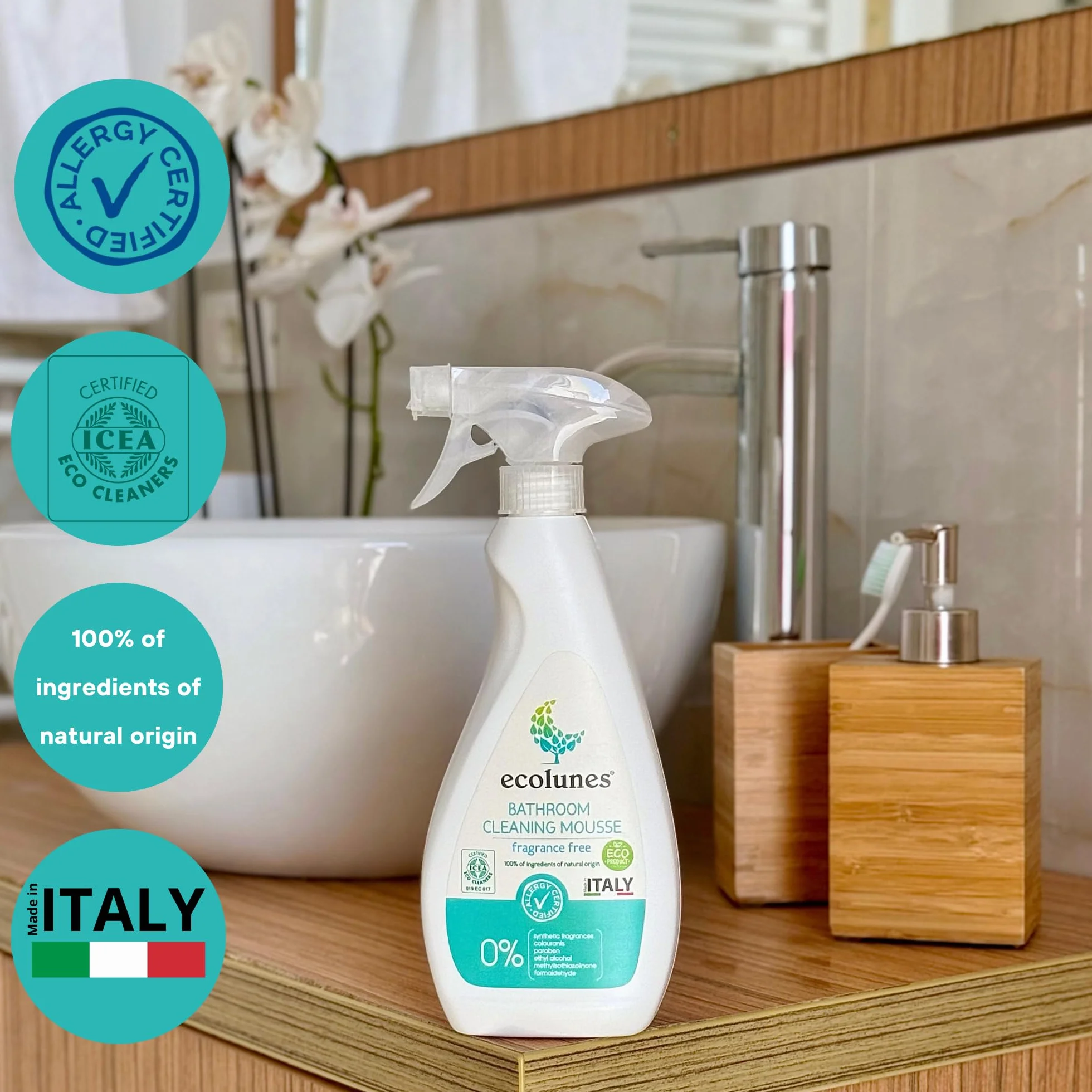 Ecolunes Bathroom Cleaning Mousse Fragrance Free, pianka do czyszczenia łazienki, bezzapachowa, w 100% ze składników pochodzenia naturalnego, nie powoduje alergii, 500 ml