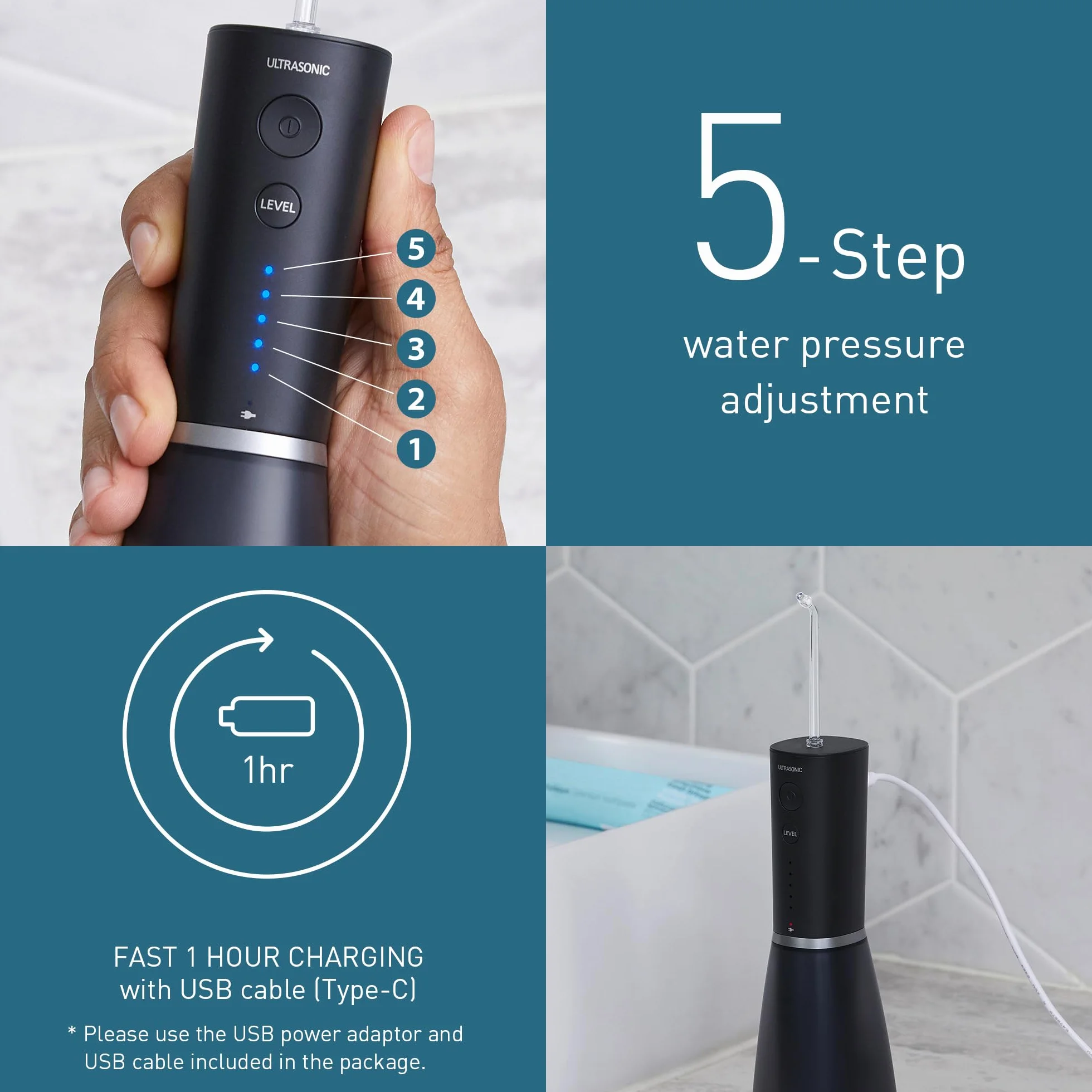 Panasonic Series 800 Ultradźwiękowy Irygator do jamu ustnej EW-DJ86-K503, do Zębów, 200 ml, 1 Dysza Ultradźwiękowa i 1 Ortodontyczna, 5 Ustawień Ciśnienia, Akcesoria Podróżne, Ładowanie USB-C, Czarny
