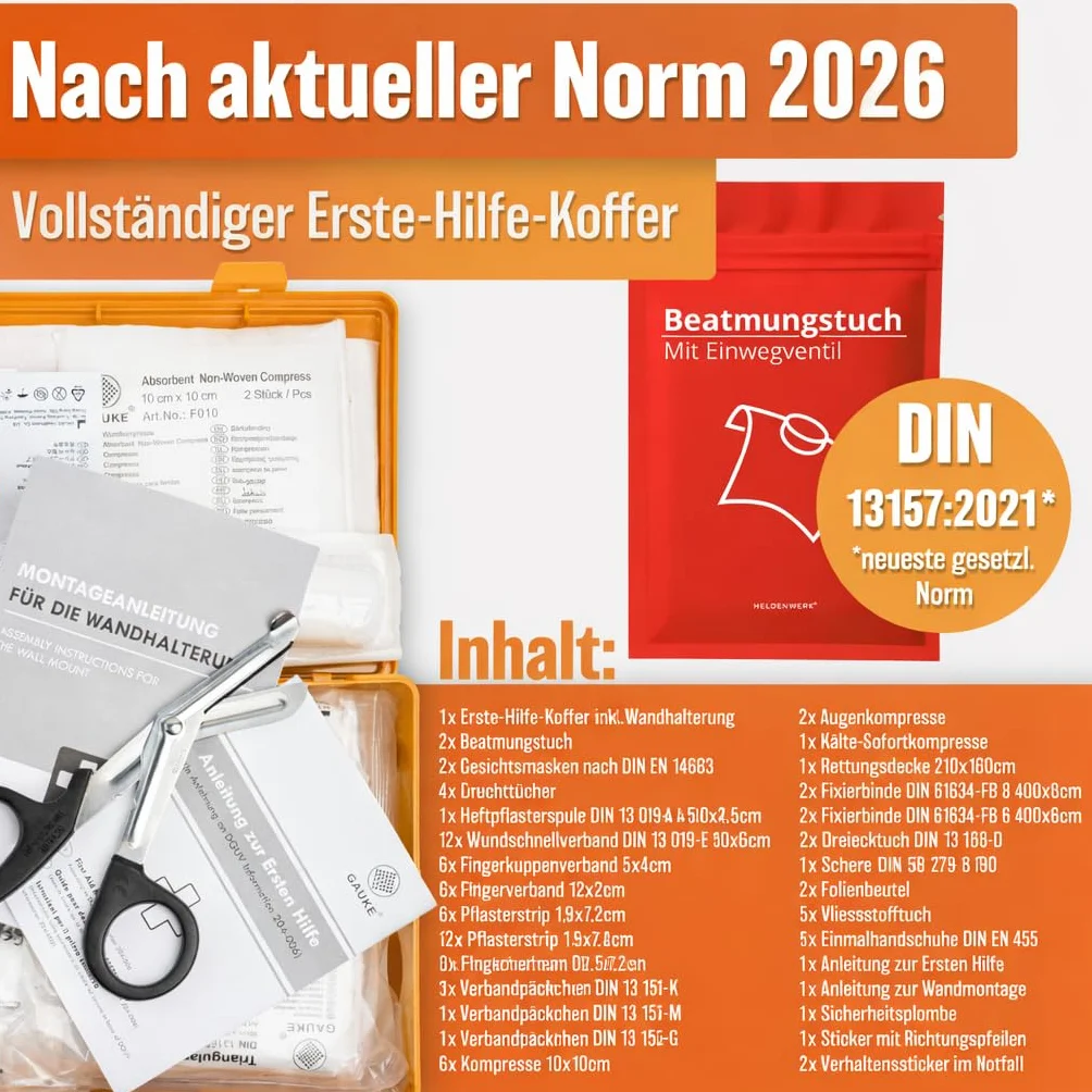 HELDENWERK Apteczka pierwszej pomocy DIN 13157:2021 z uchwytem ściennym i naklejkami