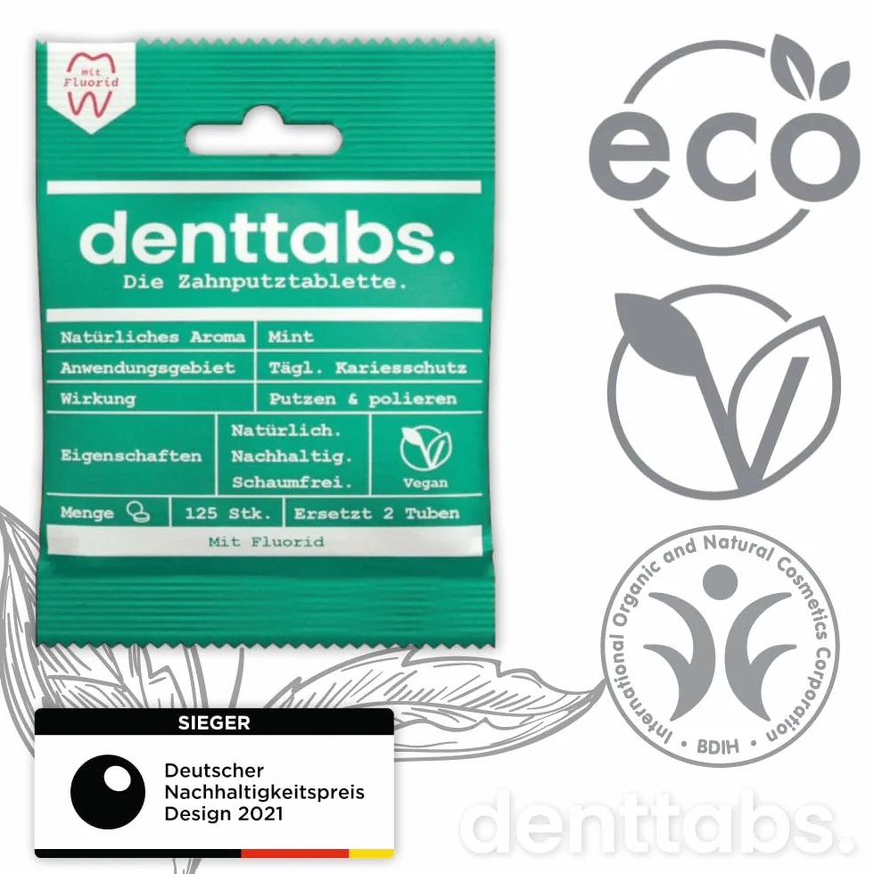 Denttabs tabletki do czyszczenia zębów miętowe z fluorkiem 125 szt. + bambusowa szczoteczka ultramiękka