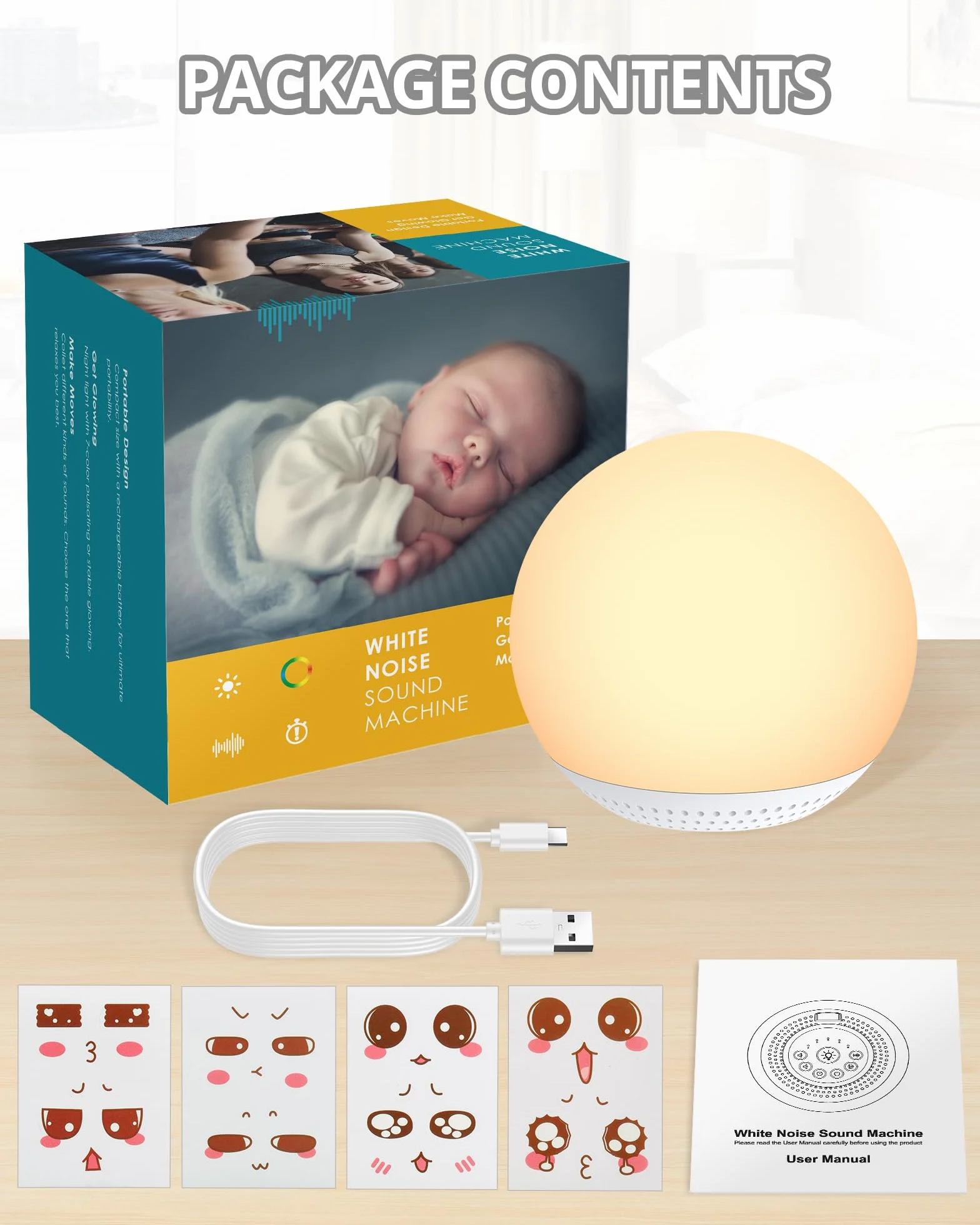 HOMGEN 2 w 1 biała maszyna do hałasu dla dziecka - ładowalna maszyna dźwiękowa do snu - lampka nocna LED dla dzieci, lampa stołowa typu C z możliwością ściemniania, ciepłe światło, 7 kolorów