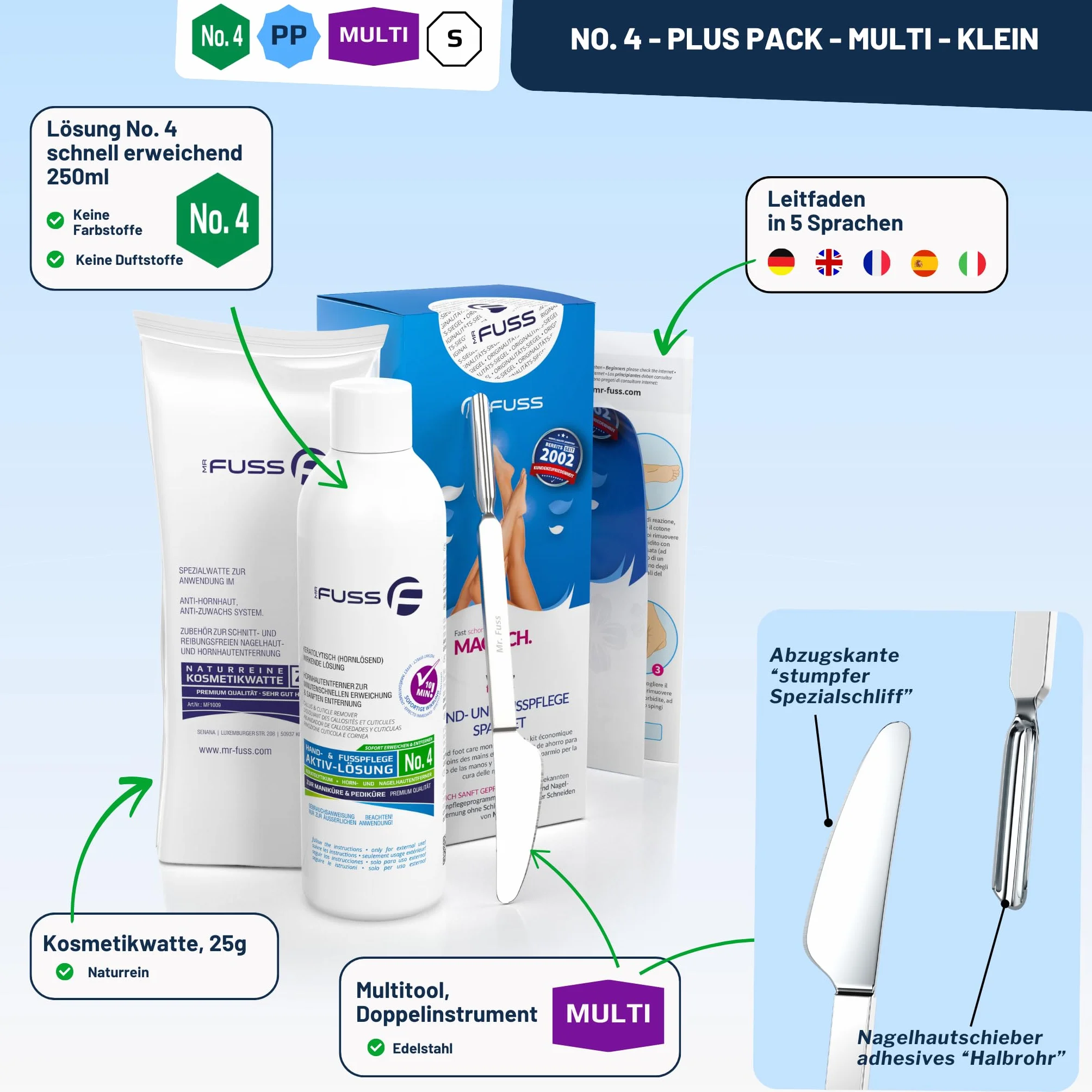 Mr. Fuss Środek do usuwania zrogowaciałego naskórka Aktiv Solution nr 4 Plus Pack Multi - 3-częściowy zestaw do pielęgnacji stóp