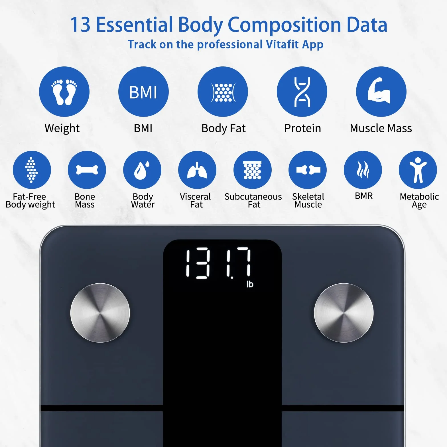 Vitafit Waga Cyfrowa, Wysoka Dokładność 0,05kg przez Nasze Profesjonalna Fabryka Od 2001, Inteligentna Waga Łazienkowa Sync App z 13 Składu BMI,Tkanki Tłuszczowej i Mięśni, 182 kg, LED, Czarny