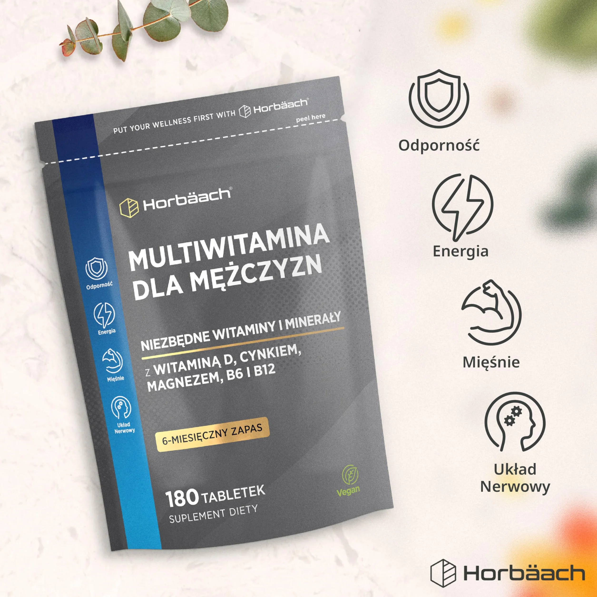 Multiwitamina dla Mężczyzn Tabletki | 26 Niezbędnych Składników Odżywczych | w Tym Cynk, Magnez, Witamina D3, B12 i Innymi | 180 Tabletek | Wegański Suplement | marki Horbaach