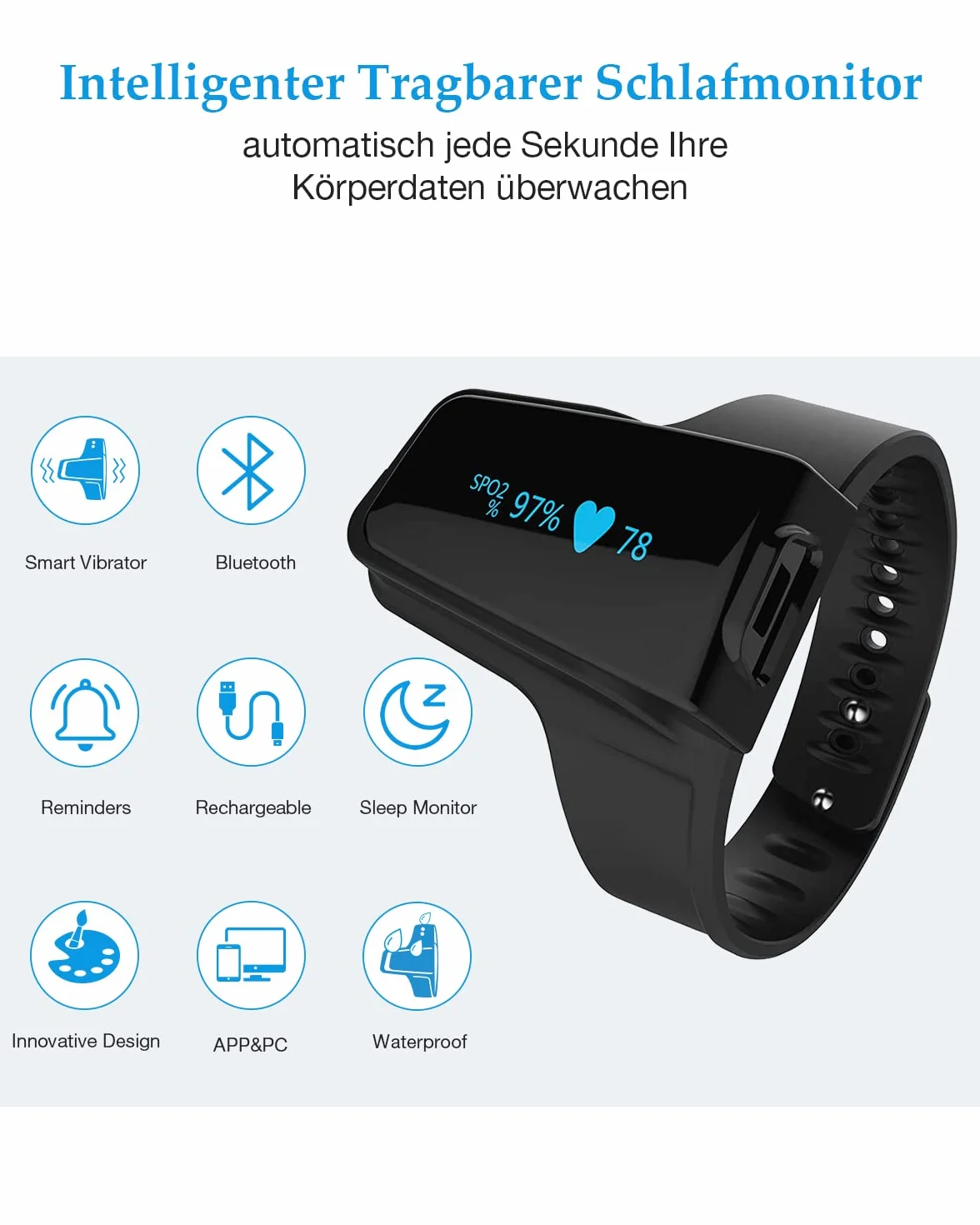 Monitor nasycenia tlenem na nadgarstku, Bluetooth monitor nasycenia tlenem we krwi, monitor tlenu do śledzenia niskiego poziomu SpO2 i tętna w nocy, bezpłatna aplikacja na Androida i iPhone'a