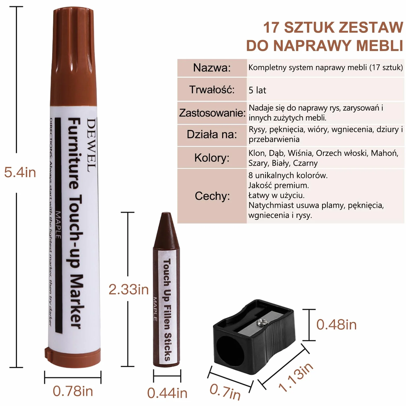 DEWEL Zestaw do naprawy mebli drewnianych 17 sztuk markery retuszowe patyczki woskowe z temperówką