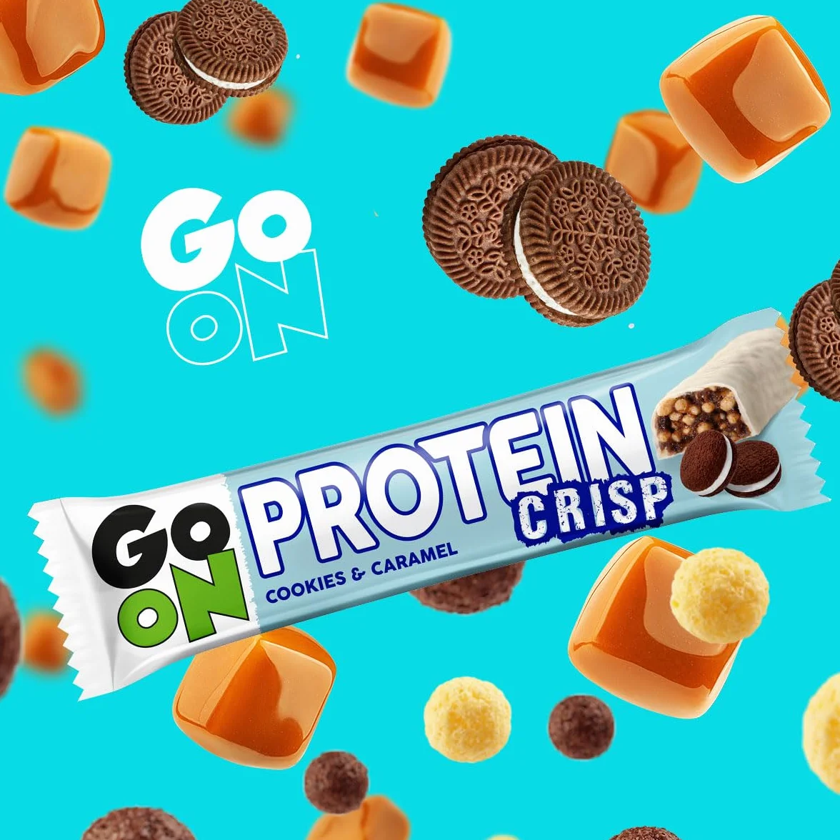 GO ON - Batony proteinowe Crisp 24 x 50 g, Batony białkowe, Odżywcze, Sportness Fitness Snacks, Idealne dla osób aktywnych - Ciasteczka i karmel