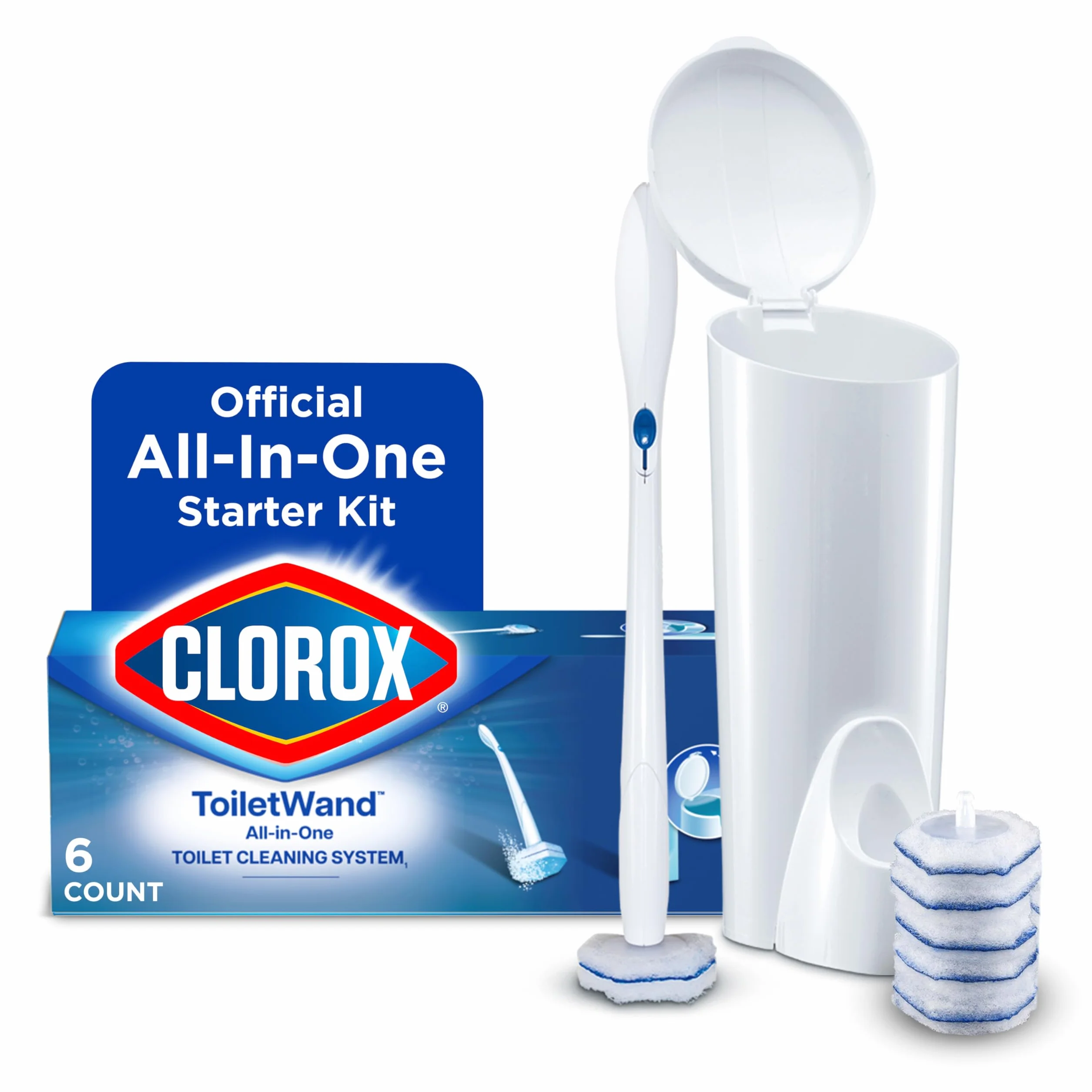 Clorox 03191 Jednorazowy system czyszczenia toalety z 6 głowicami do dezynfekcji różdżki toaletowej, biały/niebieski, 8 sztuk