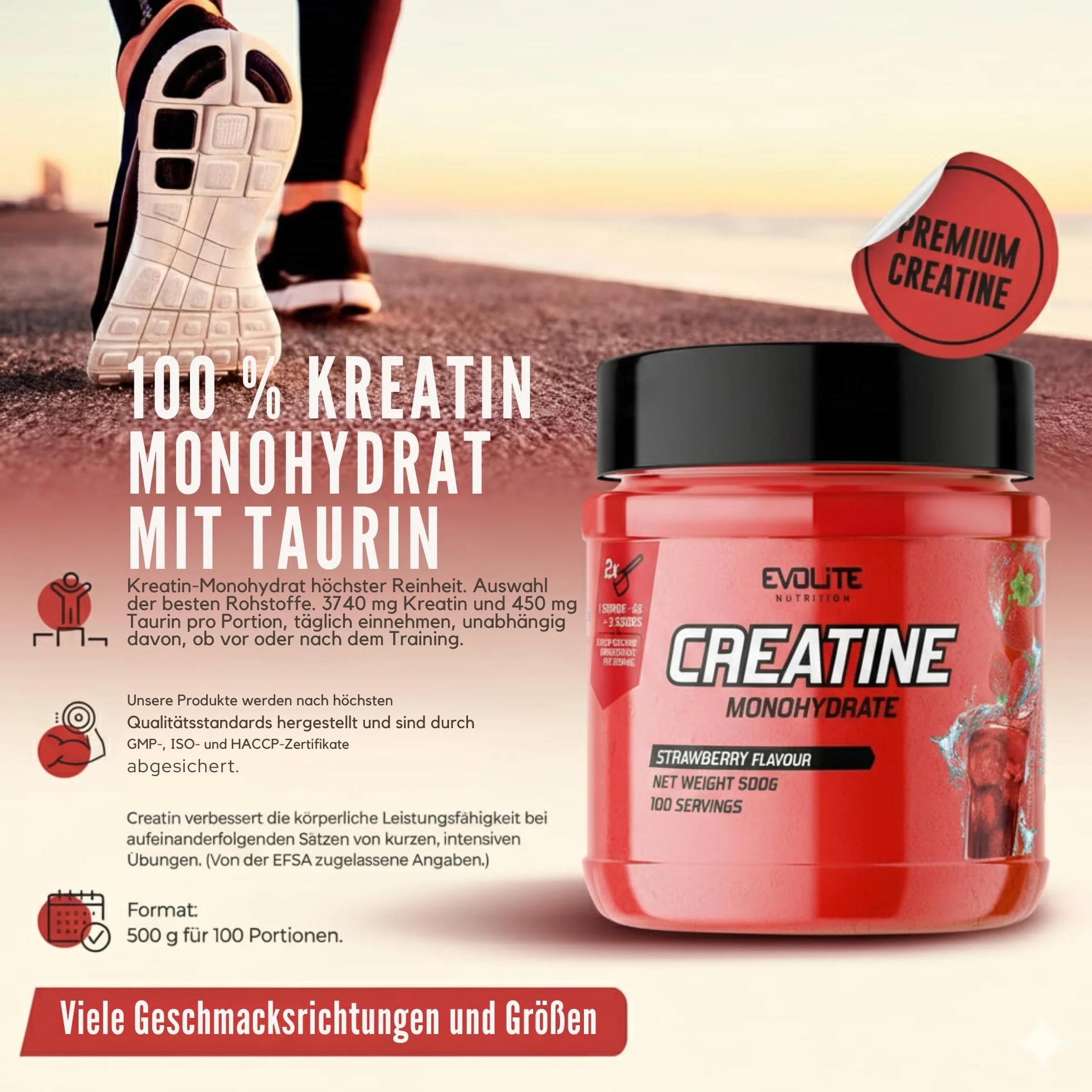 Evolite Nutrition Kreatyna Monohydrat 500g - Czysty Monohydrat Kreatyny z Tauryną - Szybka Regeneracja i Wzrost Siły, Poprawa wydolności i Mocy mięśni - Suplement do treningu