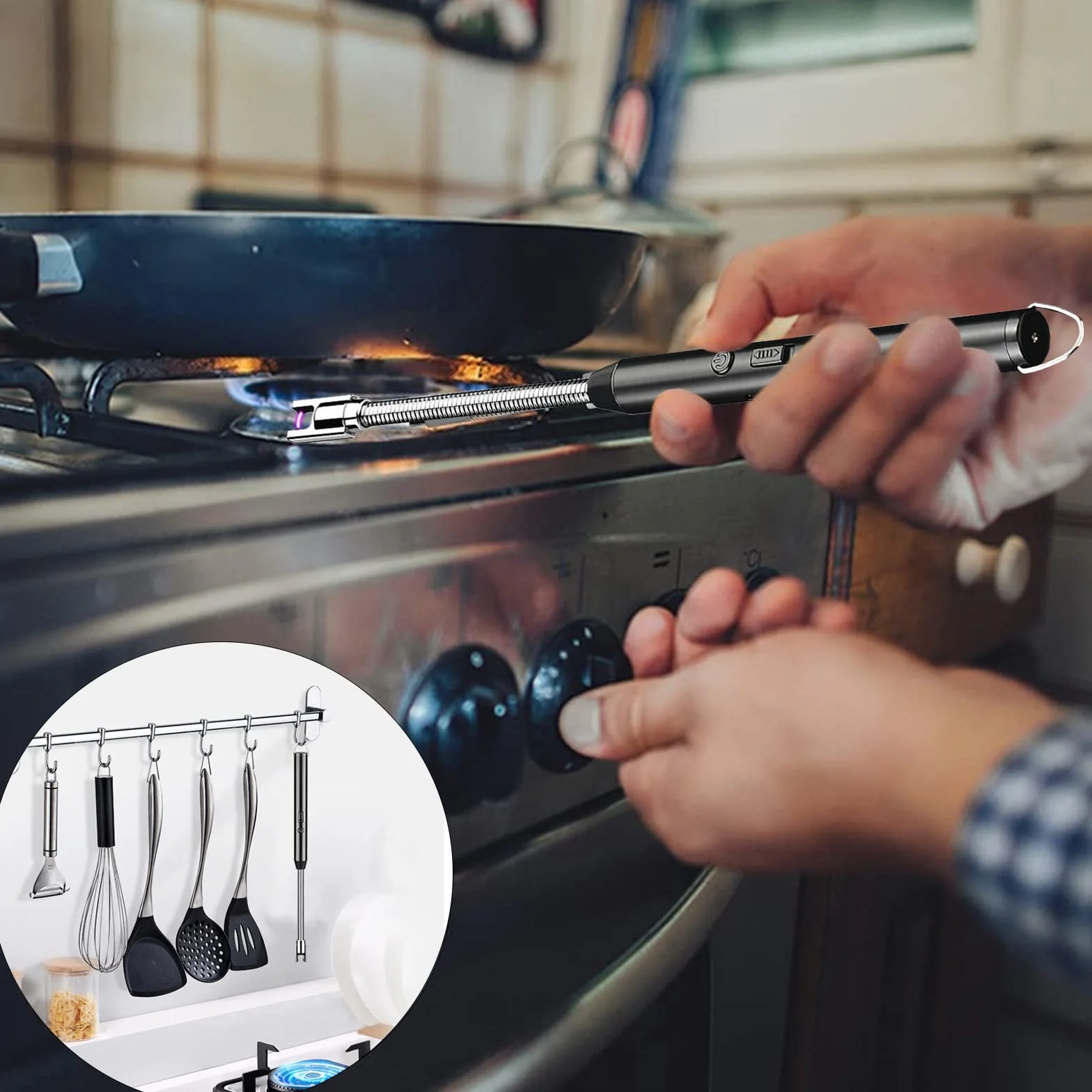 Newaner Stick Lighter, Electric Arc Lighter with Longer Neck, Electronic Lighter USB Rechargeable Windproof Flameless for Kitchen Stove Camping Fireworks Fireplace Candles Lighting Black