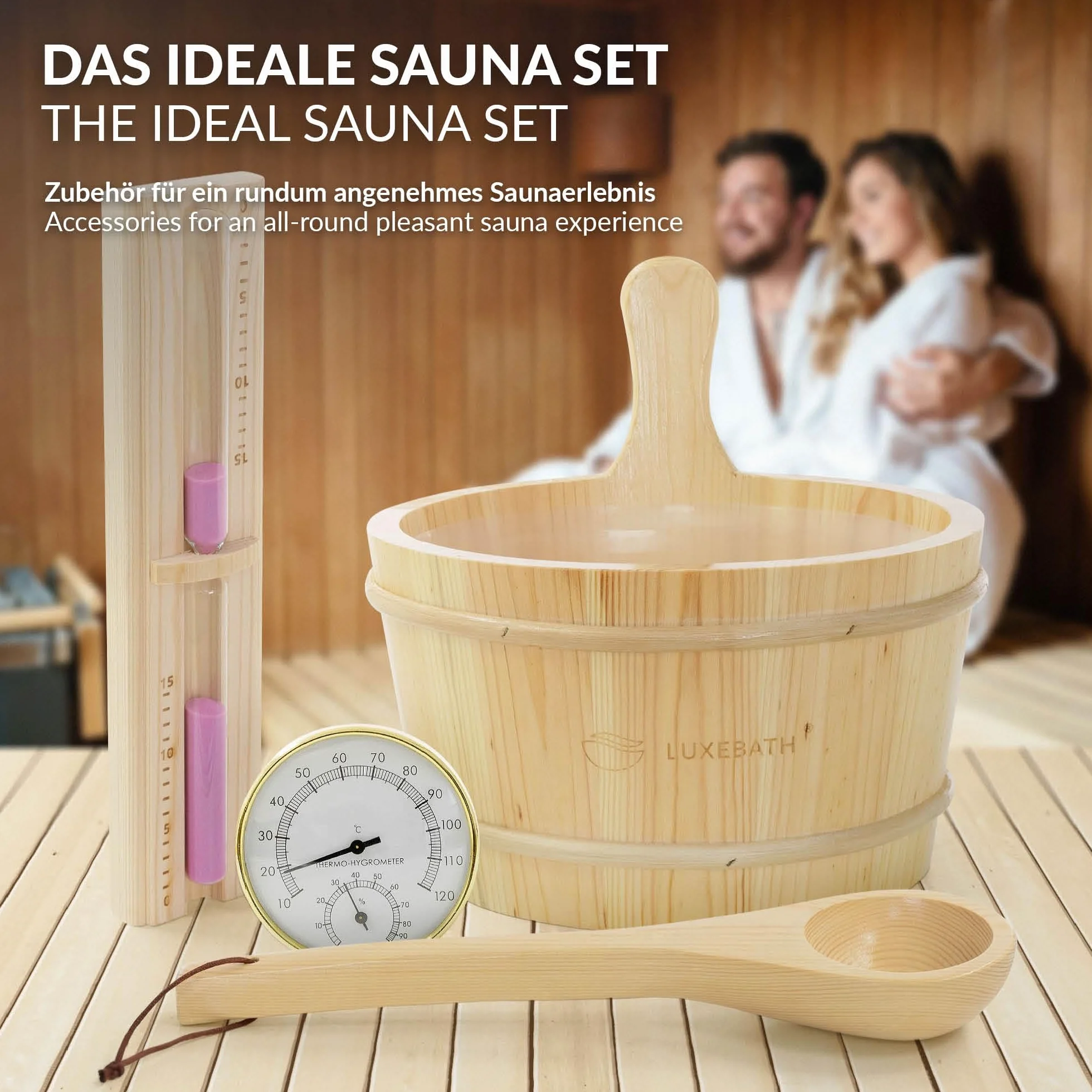 LuxeBath zestaw akcesoriów do sauny z litego drewna sosnowego 4 elementy wiadro do polewania 4,5 l z wkladem chochla termometr higrometr klepsydra 15 minut trwale wyposazenie do domowej sauny