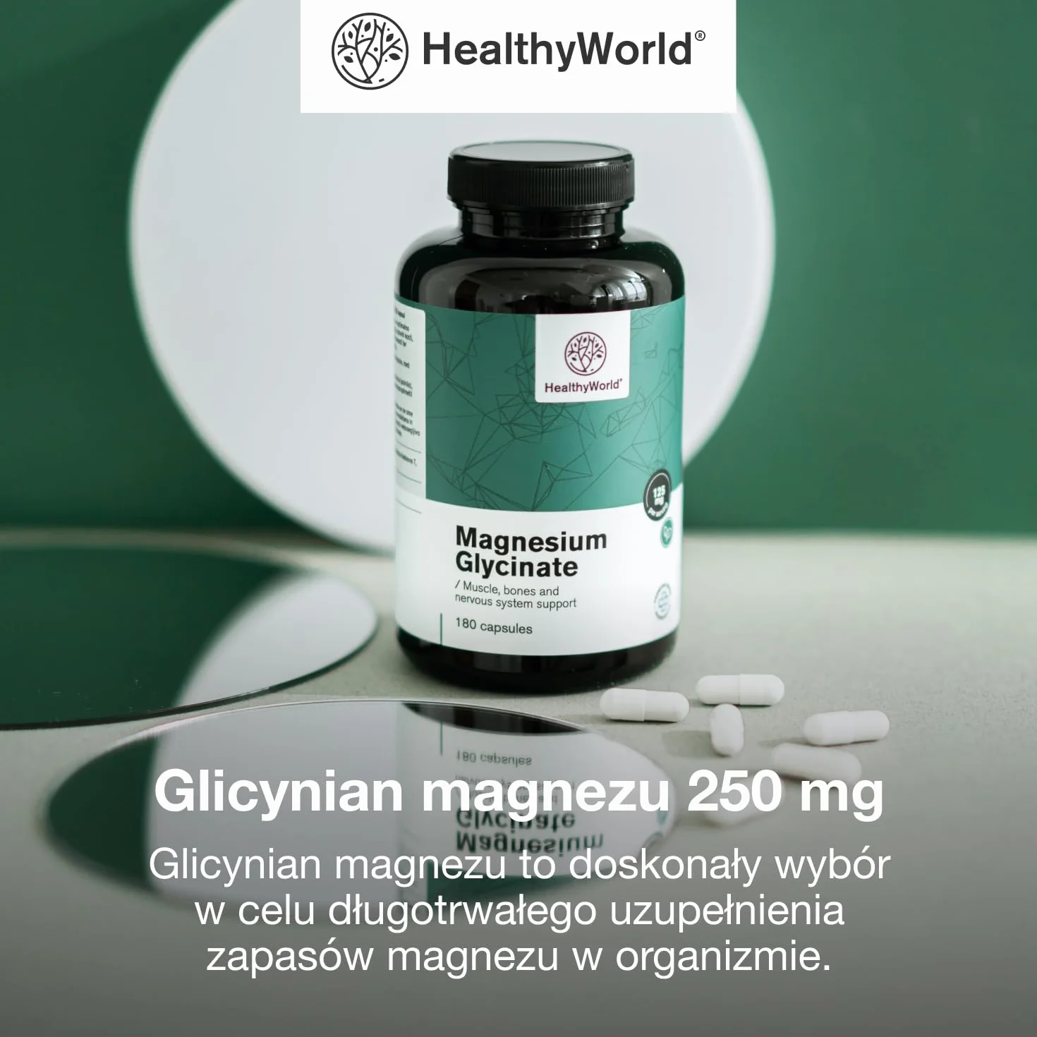 HealthyWorld Glicynian magnezu 250 mg 180 kapsułek roślinnych 125 mg magnezu na kapsułkę