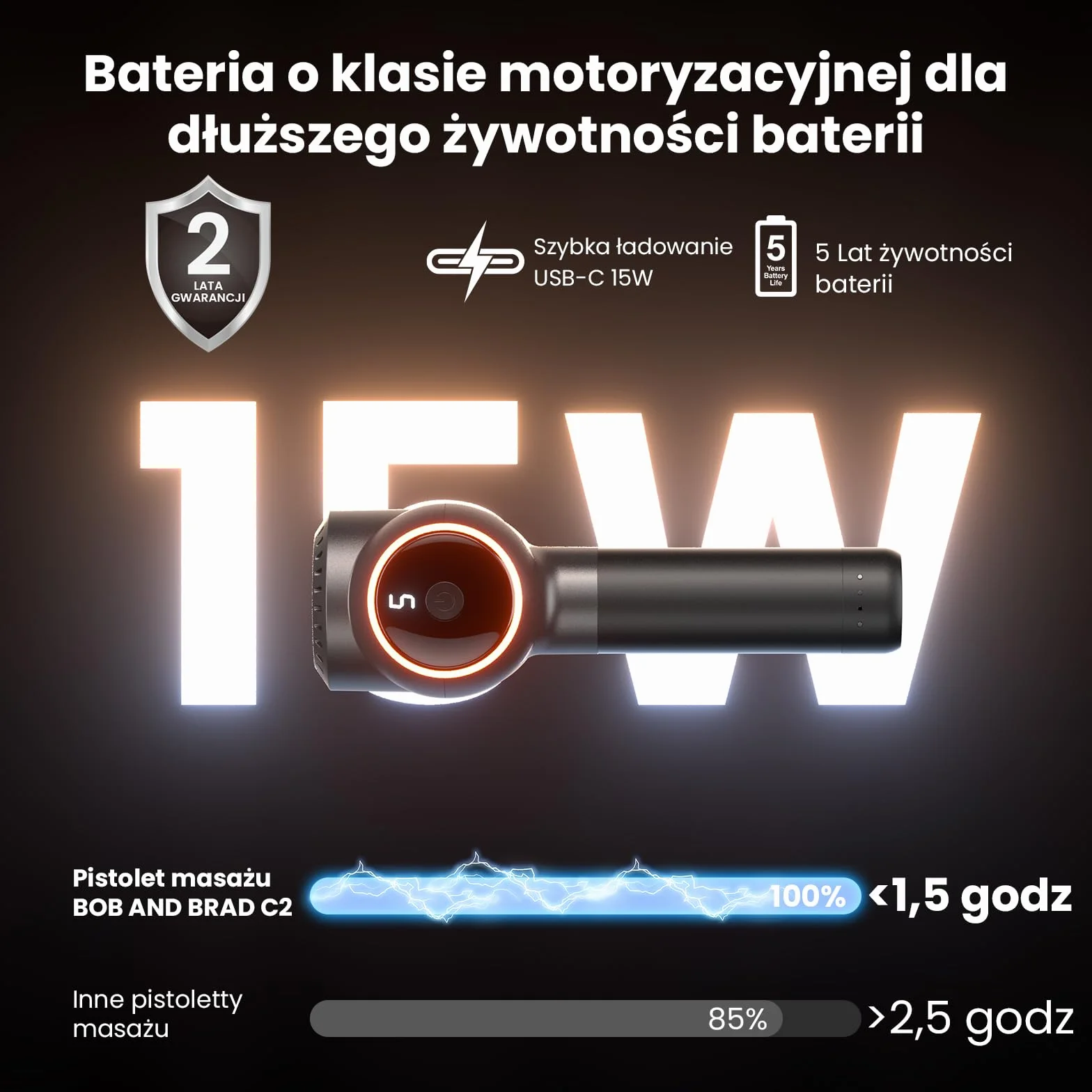 Bob and Brad C2 Pistolet do Masażu Tkanki Głębokiej Masażer Mięśni 5 Prędkości Czarny
