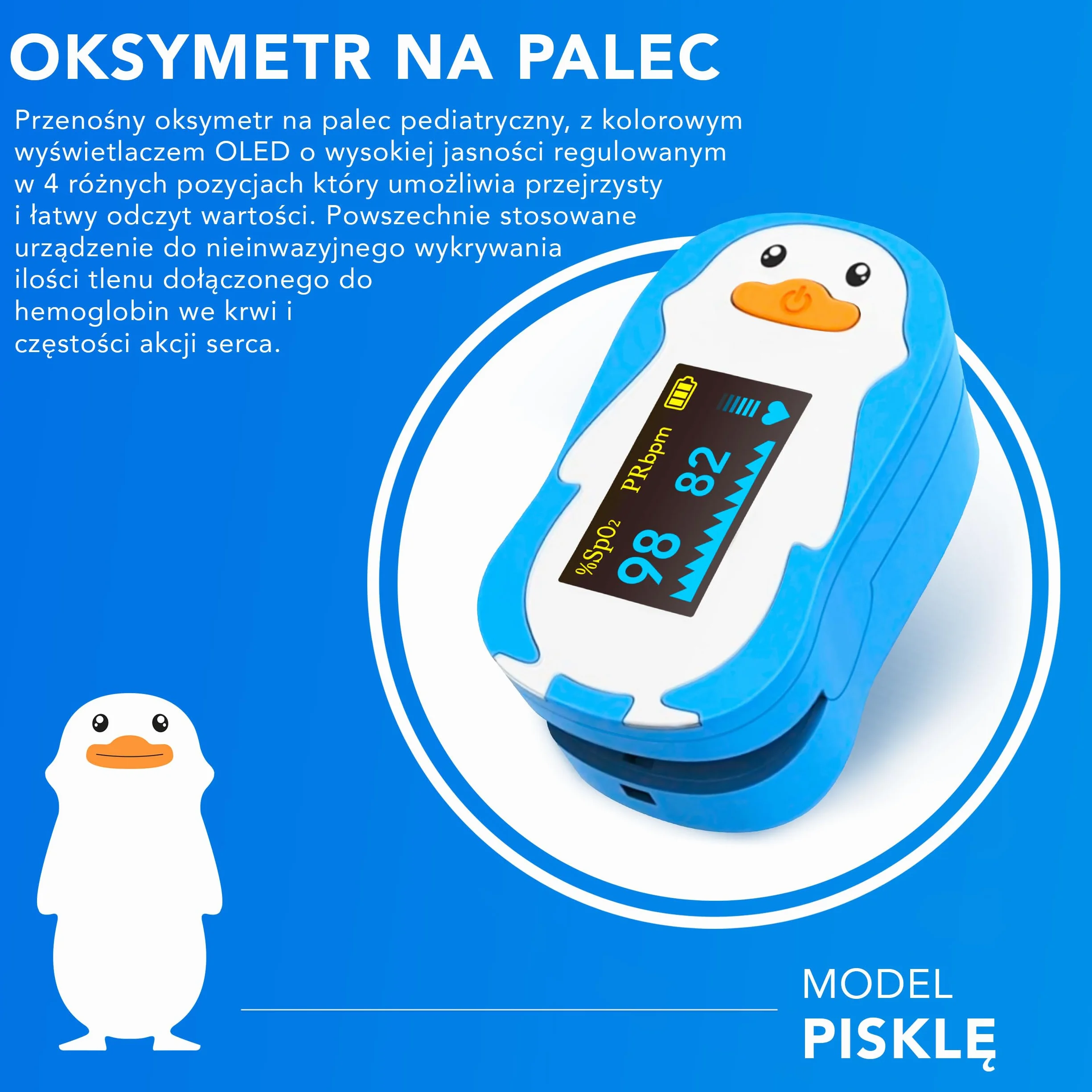 AIESI® Profesjonalny pulsoksymetr dla dzieci z regulowanym kolorowym ekranem, baterie, wielojęzyczna instrukcja obsługi, 24 miesiące