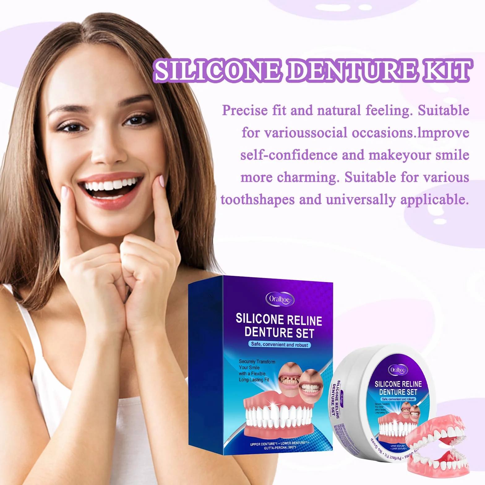 Protezy Silikonowe Bikenda Silicone Reline Denture Set Łagodzą dyskomfort Łatwe w użyciu Precyzyjne dopasowanie Naturalny komfort Odpowiednie dla kobiet i mężczyzn