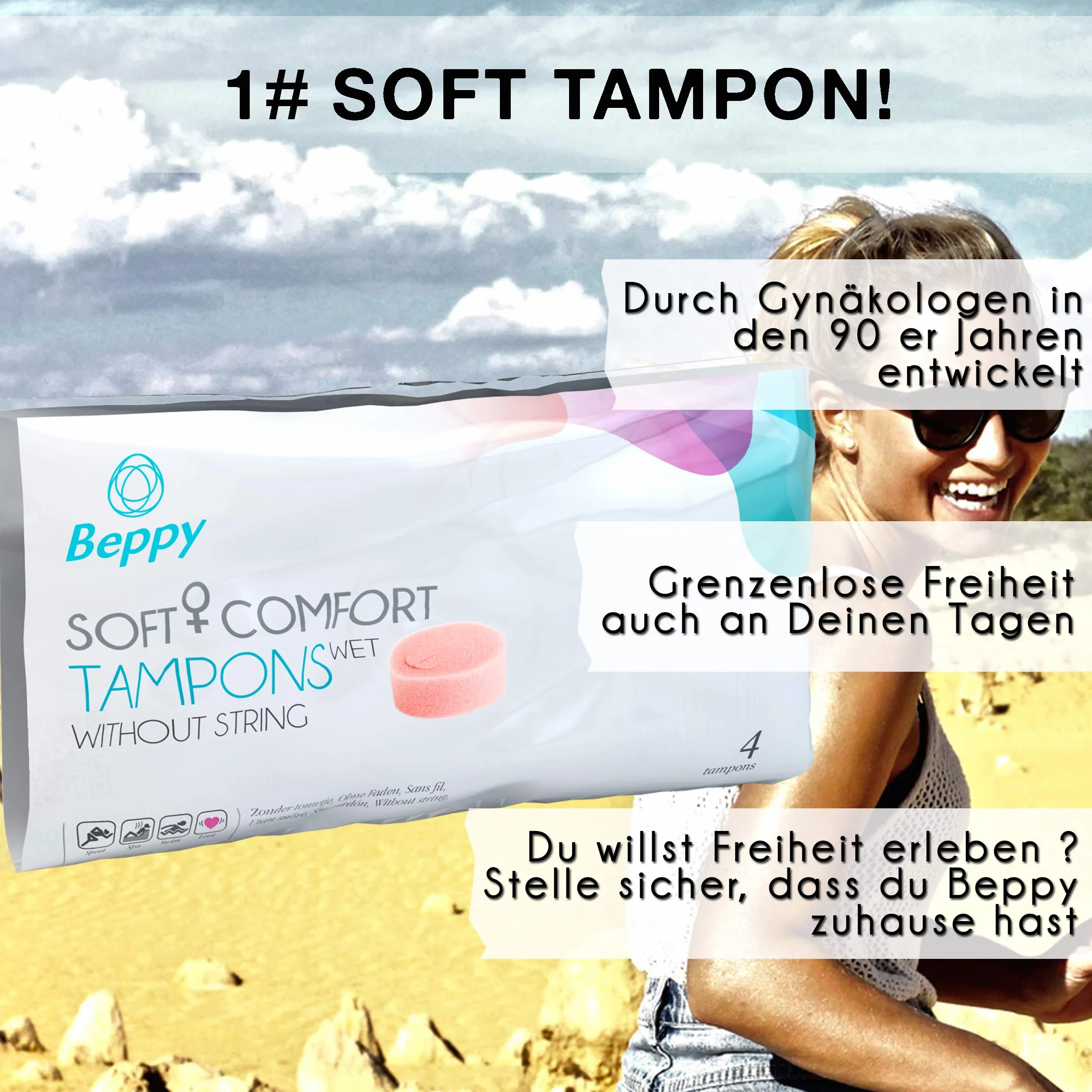 Beppy WET 4 sztuki w pudełku – pojedynczo higienicznie zapakowane, wilgotne, bez nici, miękkie tampony i tampony z gąbką, zapewniają większą swobodę w okresie (miłość, sauna, sport, pływanie)