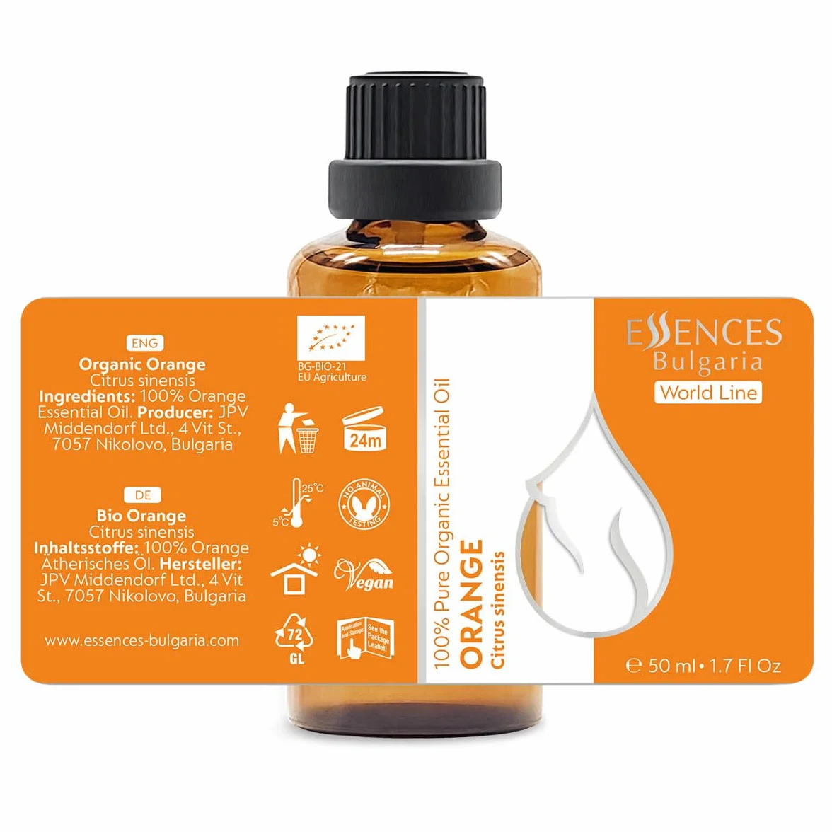 Essences Bułgaria Organiczny Olejek Eteryczny z Pomarańczy 50 ml | Citrus sinensis | 100% Czysty i Naturalny | Nierozcieńczony | Klasa Terapeutyczna | Aromaterapia | Kosmetyki | Bez okrucieństwa