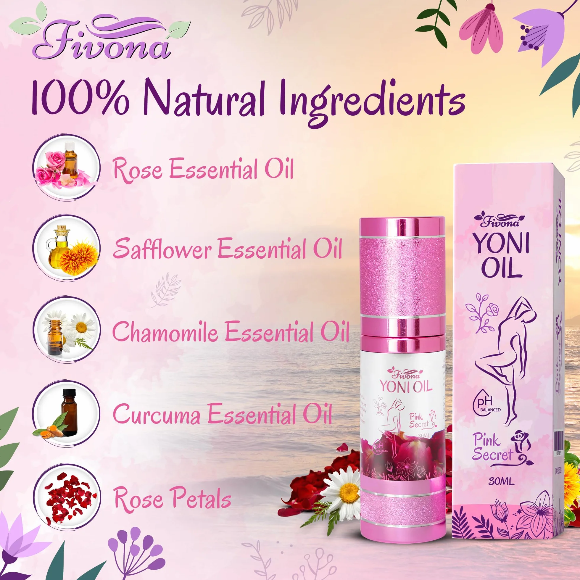FIVONA Yoni Oil Pink Secret for Natural Soothing Feminine Care – mieszanka olejków eterycznych – mieszanka olejków nawilżających do kontrolowania Odora, detoksykacji i równowagi pH 30 ml