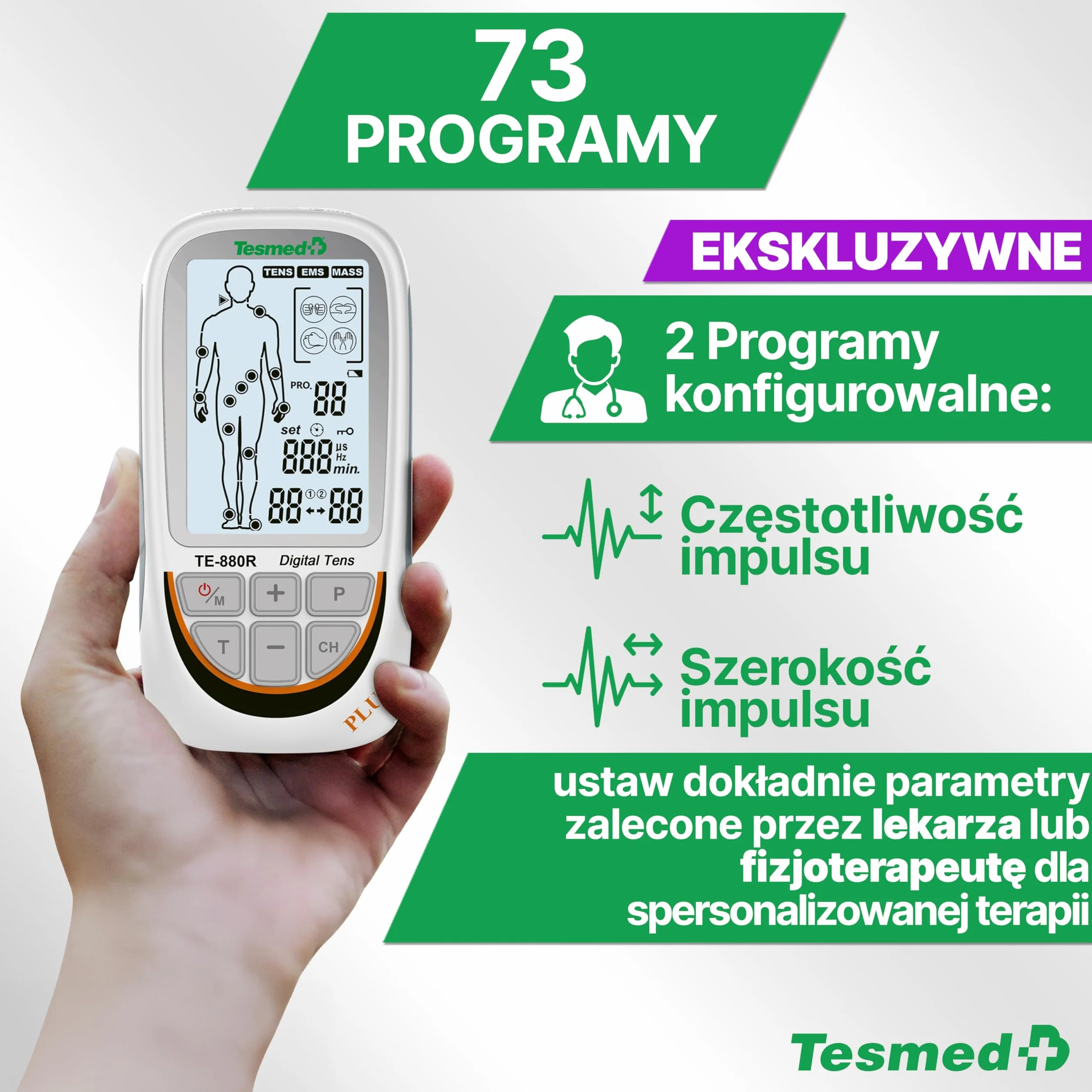 TESMED TE-880R Plus elektrostymulator mięśni do wielokrotnego ładowania, EMS, TENS, masaż: 73 programów Cui 2 konfigurowalne - działa z 8 elektrodami