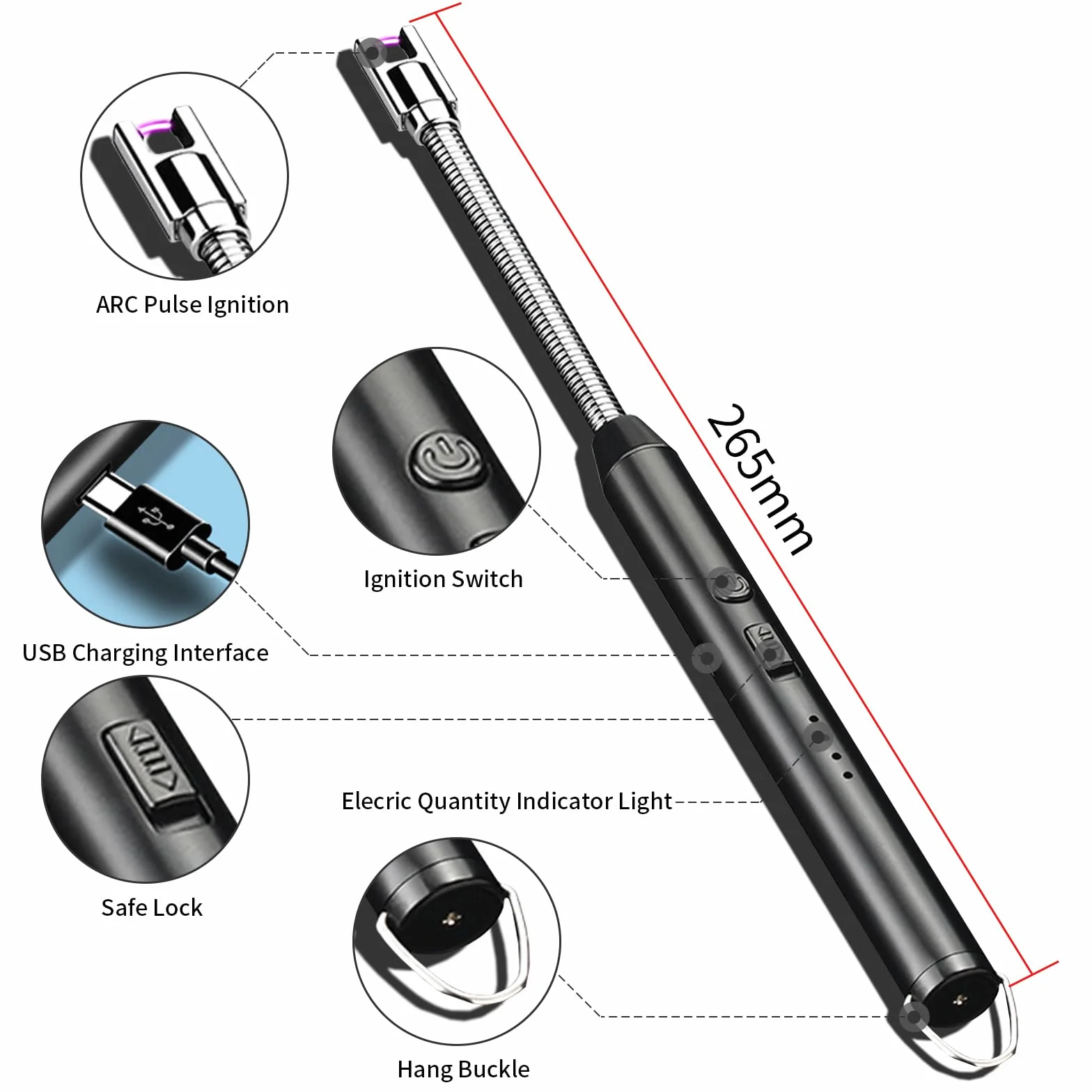Newaner Stick Lighter, Electric Arc Lighter with Longer Neck, Electronic Lighter USB Rechargeable Windproof Flameless for Kitchen Stove Camping Fireworks Fireplace Candles Lighting Black