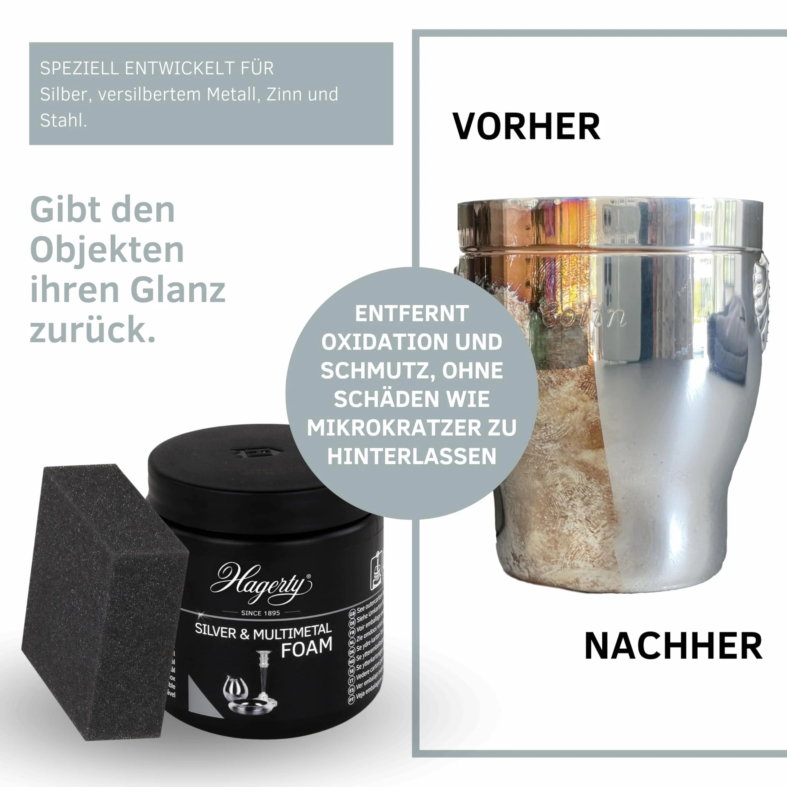 Hagerty 2 x Silver & Multimetal pianka do czyszczenia piany, po 185 g, skuteczna pasta pielęgnacyjna do srebra, metalu, cyny, stali nierdzewnej, chromu, środek czyszczący do odnowionego połysku, w