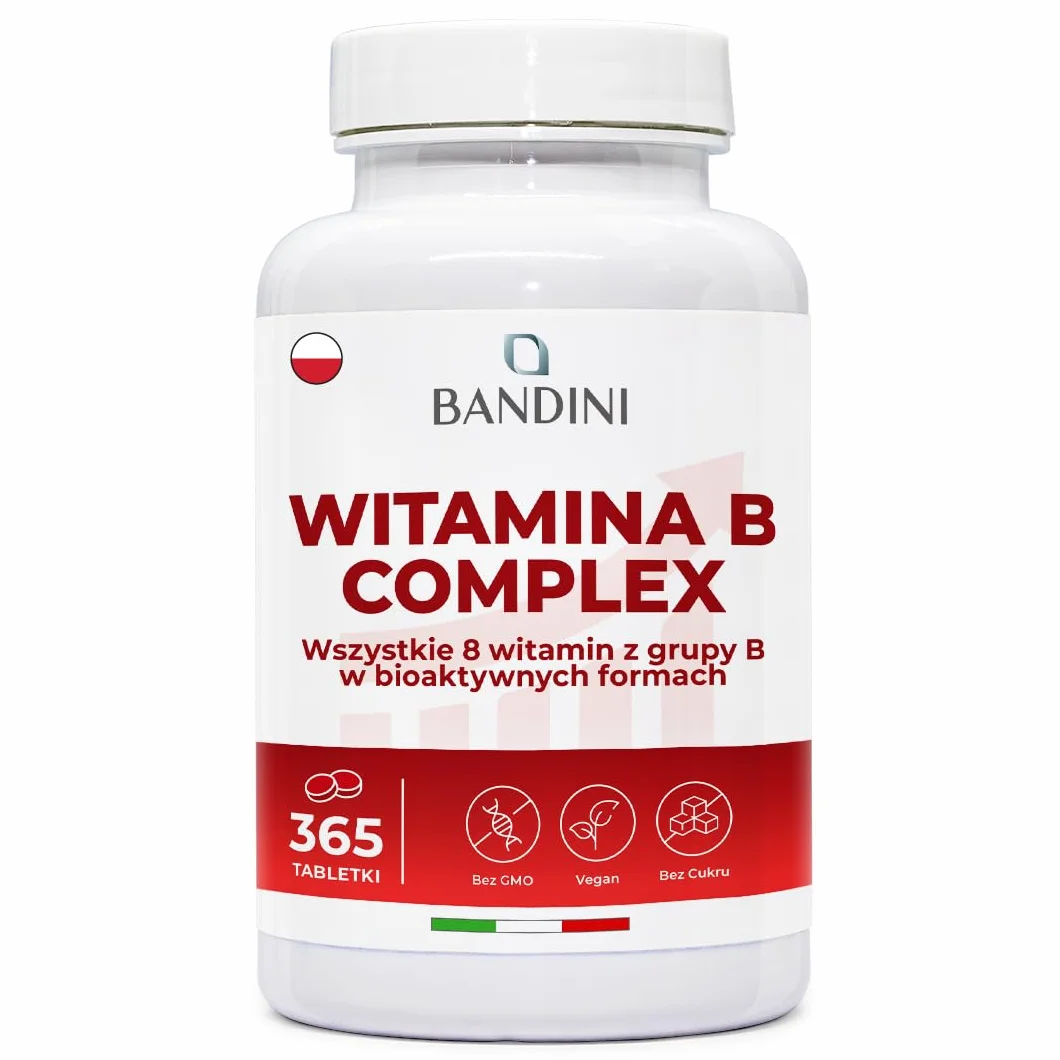 Bandini® Kompleks witamin B w dużych dawkach - 365 tabletek wegańskich (na 1 rok) - Kompleks witamin grupy B z kwasem foliowym, biotyną, B1, B2, B3, B5, B6, B12 - Kompleks witamin B bez GMO