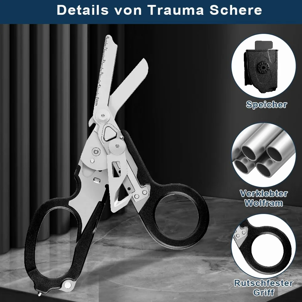 Trauma Nożyczki Multitool, Nożyczki Ratownicze z 6 Praktycznymi Funkcjami, Składane Nożyczki ze Stali Nierdzewnej, Nożyczki do Przecinania Pasków, Młotek Szklany, Nożyczki Ratunkowe Raptor