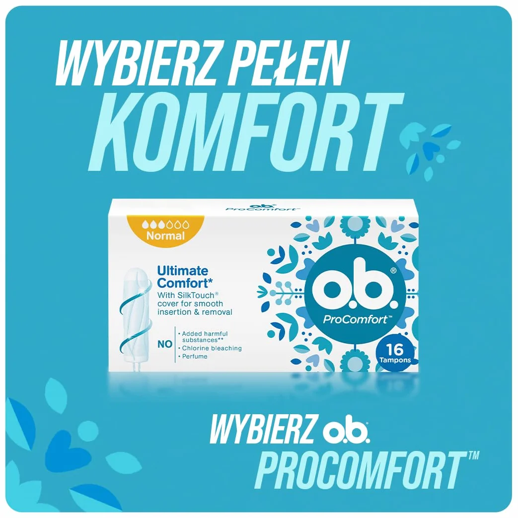 o.b. ProComfort Mini Tampony 64 szt., Łatwa aplikacja i usuwanie tamponu, Na słabe i umiarkowanie intensywne krwawienie, Wnętrze tamponu wykonane w 100% z materiałów pochodzenia roślinnego