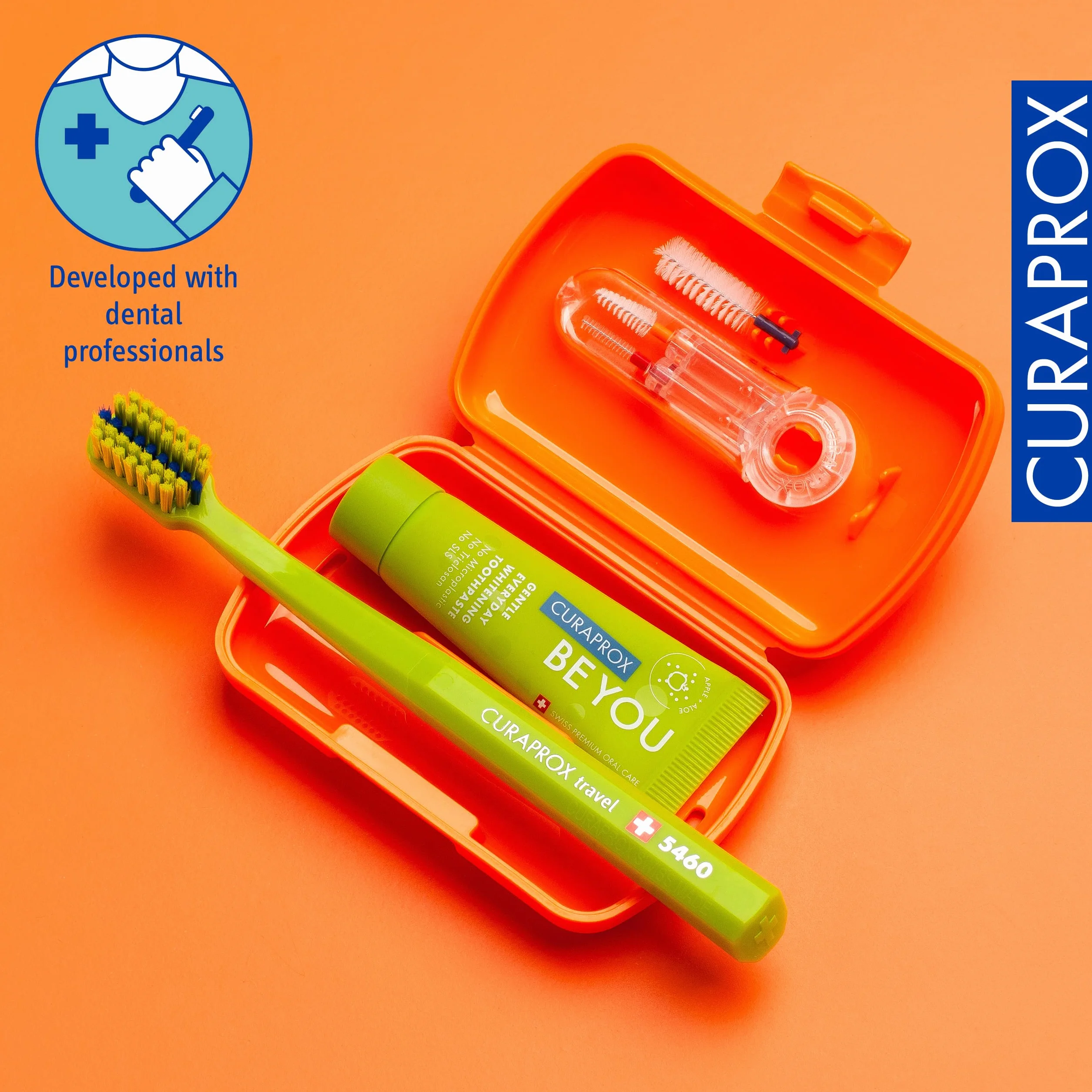 Curaprox Ortho Travel Set-Szelki i pielęgnacja jamy ustnej w podróży/Ultra miękka szczoteczka + wybielająca pasta do zębów/kompaktowy zestaw do higieny ortodontycznej/Made in Switzerland