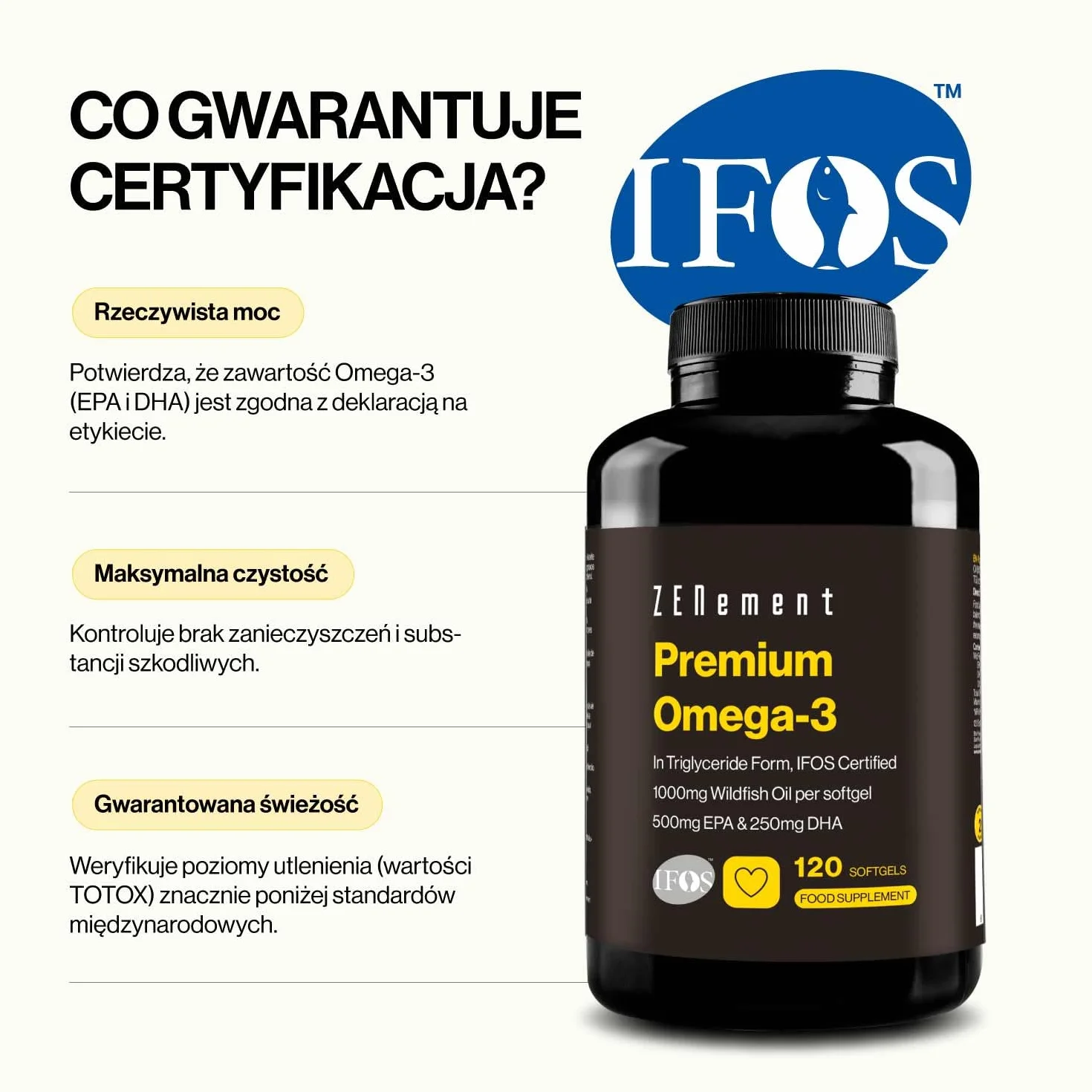 Premium Omega 3 IFOS w Formie Trójglicerydów – 1000 mg EPA + 500 mg DHA na Dzienną Porcję – Olej z Dzikich Ryb Certyfikowany FOS – 120 Kapsułek Miękkich