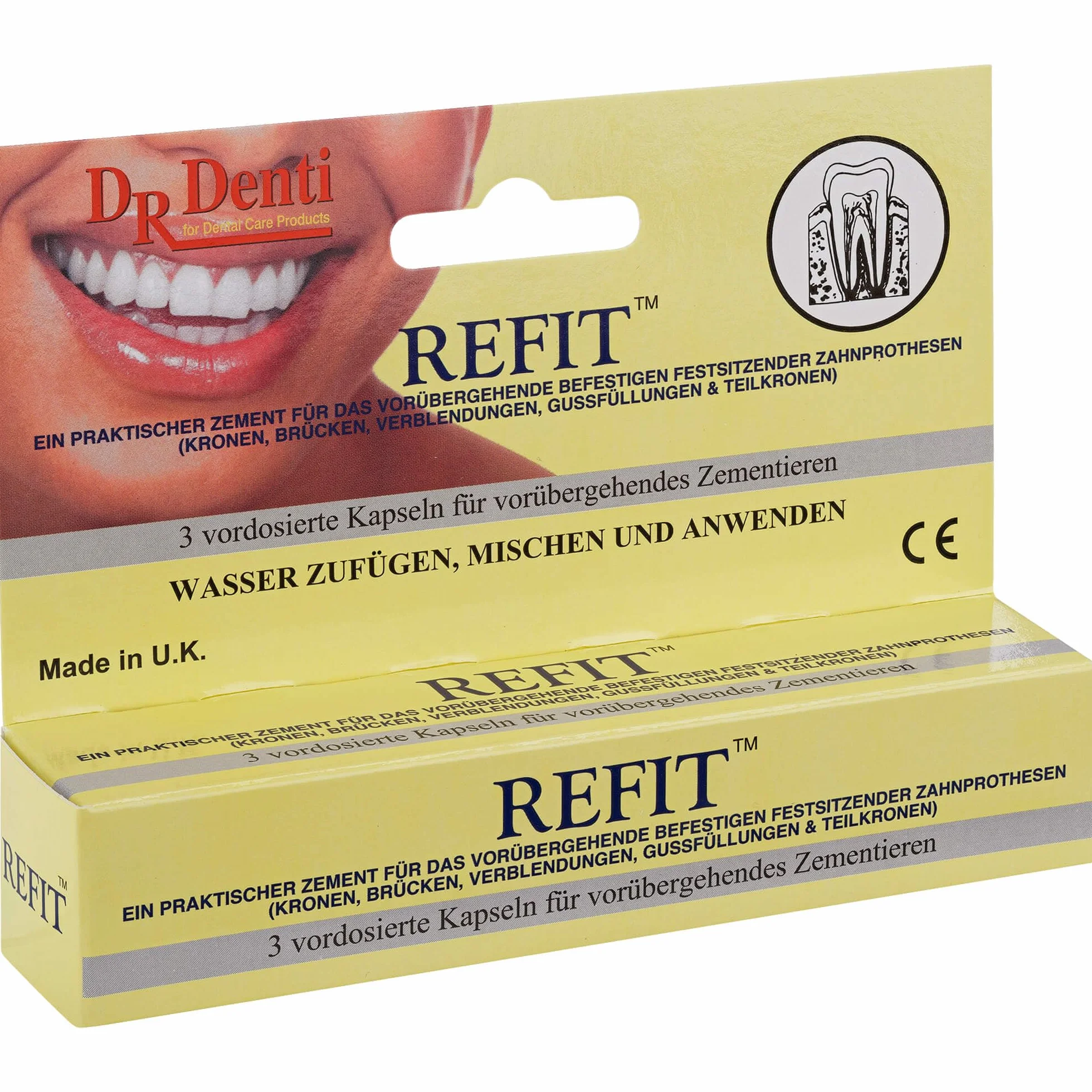 Refit tymczasowe kapsułki z klejem dentystycznym, 1 opakowanie 3 kapsułek