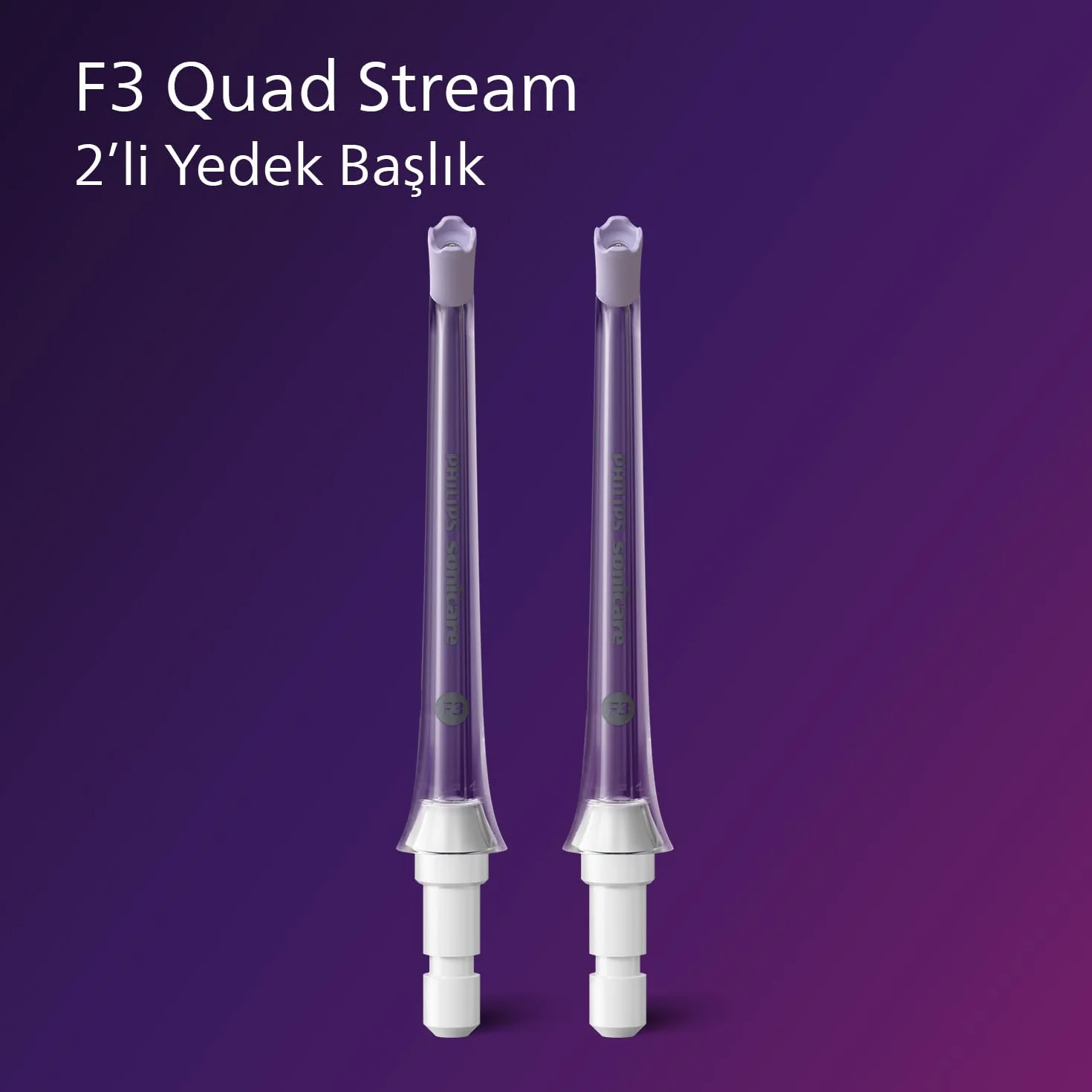 Nasadka irygatora doustnego Philips Sonicare Quad Stream F3, dwie sztuki — do czyszczenia przestrzeni między zębami za pomocą urządzenia bezprzewodowego Philips Sonicare Power Flosser model HX3062/00