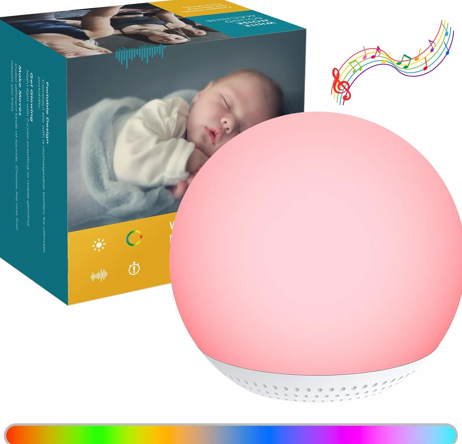 HOMGEN 2 w 1 biała maszyna do hałasu dla dziecka - ładowalna maszyna dźwiękowa do snu - lampka nocna LED dla dzieci, lampa stołowa typu C z możliwością ściemniania, ciepłe światło, 7 kolorów