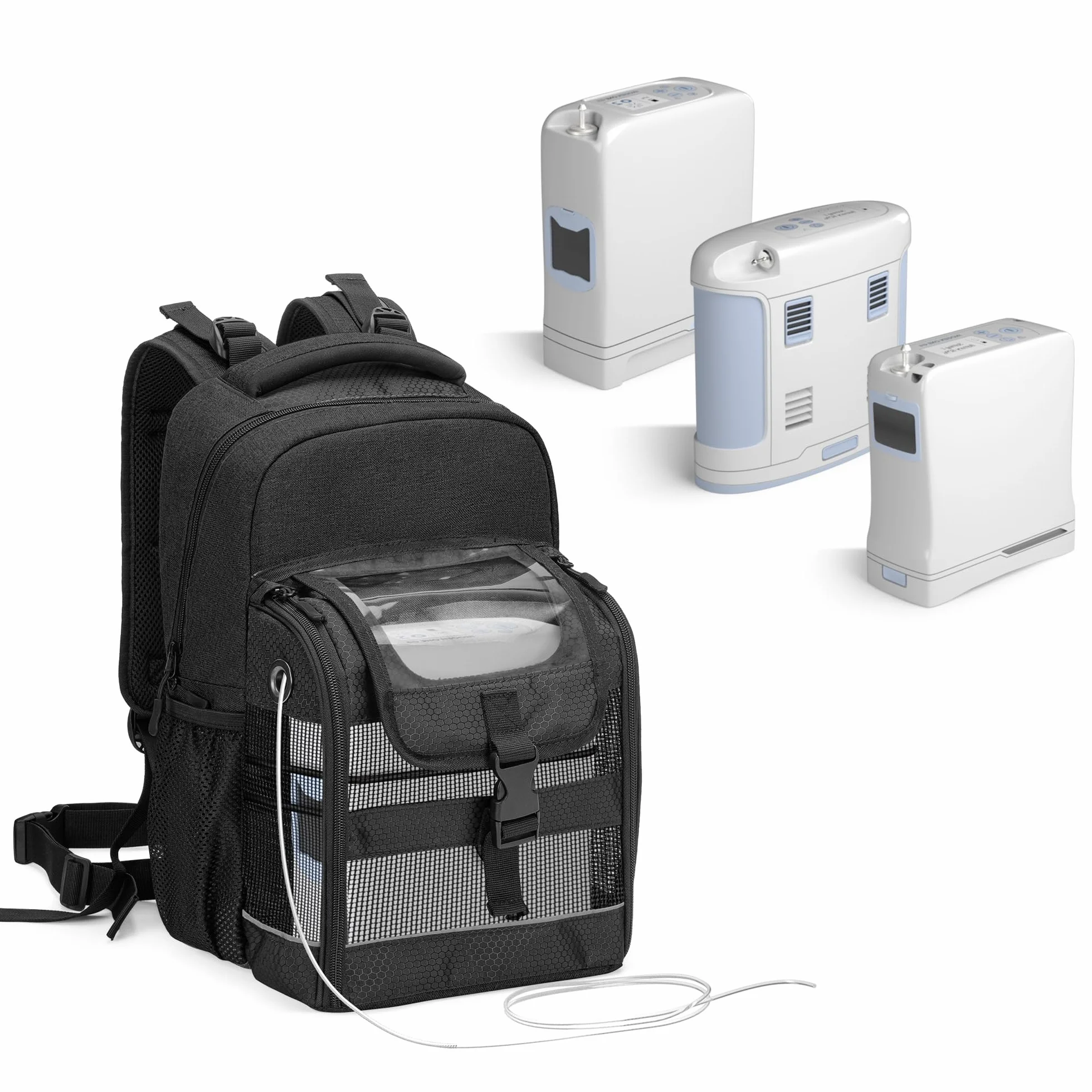Trunab Plecak transportowy POC z przezroczystą osłoną, kompatybilny z Inogen One, Caire Freestyle Comfort, Oxygo, SimplyGo Mini, Czarny