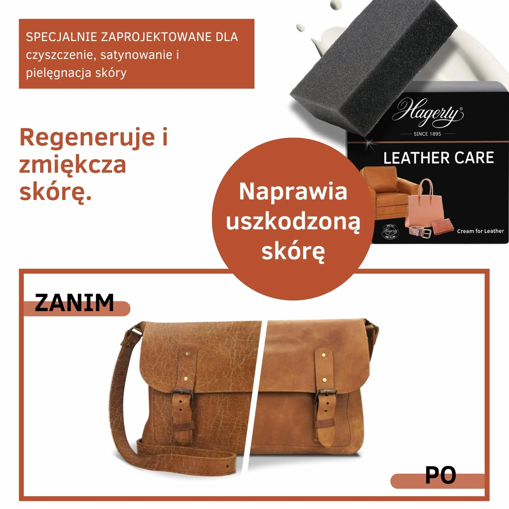 Hagerty Leather Care krem do skór bezbarwny 250 ml I Skuteczny krem ochronny do skór do czyszczenia i pielęgnacji torebek pasków akcesoriów siedzeń samochodowych itd I w zestawie z gąbką