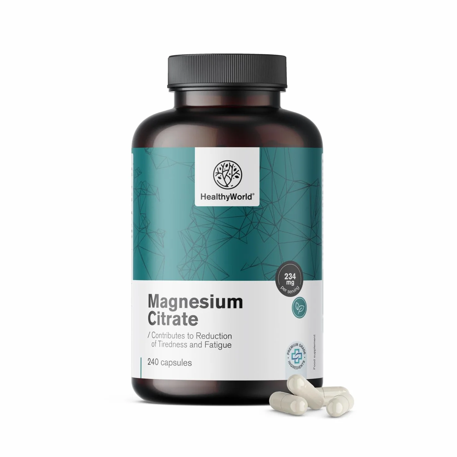 HealthyWorld Cytrynian magnezu 234 mg - 240 Kapsułek Roślinnych - Na ponad 7 Miesięcy - 480 mg Cytrynianu Magnezu i 270 mg Tlenku Magnezu - Na Wsparcie Mięśni i Wzrost Energii