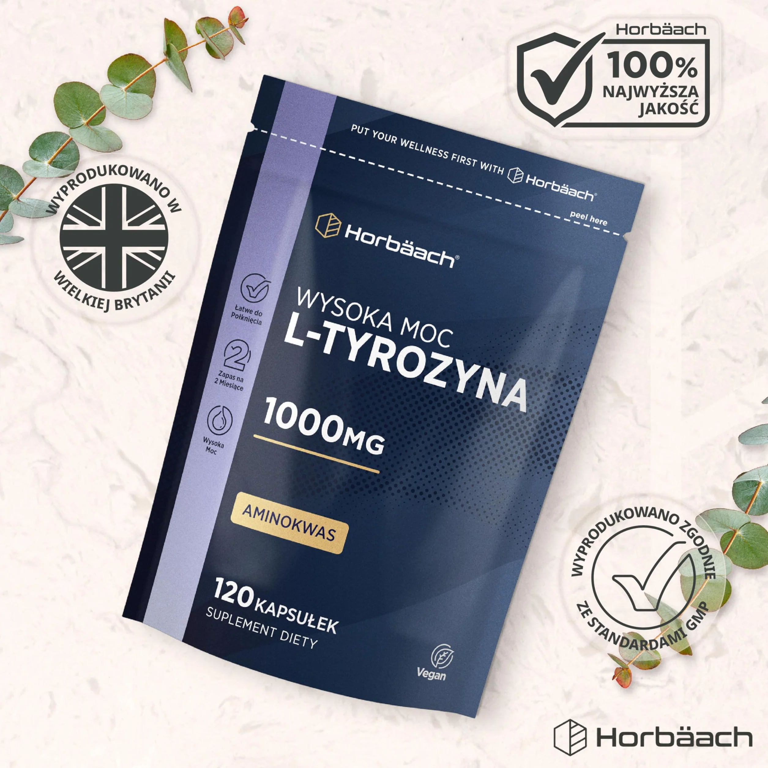 L-Tyrozyna 1000mg | 120 Kapsułek | 100% Wegański Suplement o Wysokiej Mocy | marki Horbaach