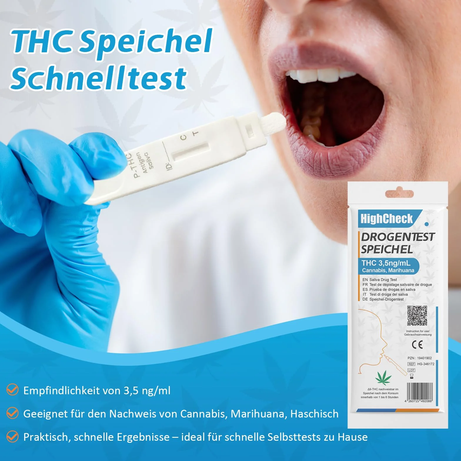 THC test na ślinę, szybki test na ślinę, test narkotykowy, szybki test na ślinę pod kątem wrażliwości konopi indyjskich, 3,5 ng/ml (2 sztuki)