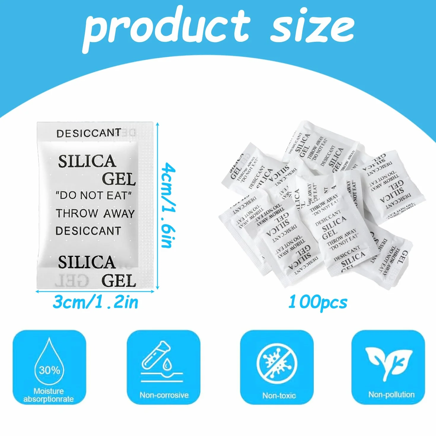100 saszetek × 1 g żel krzemionkowy osuszający wielokrotnego użytku, odporny na pleśń, pochłaniacz wilgoci, bez chlorku kobaltu do przechowywania ubrań spożywczych