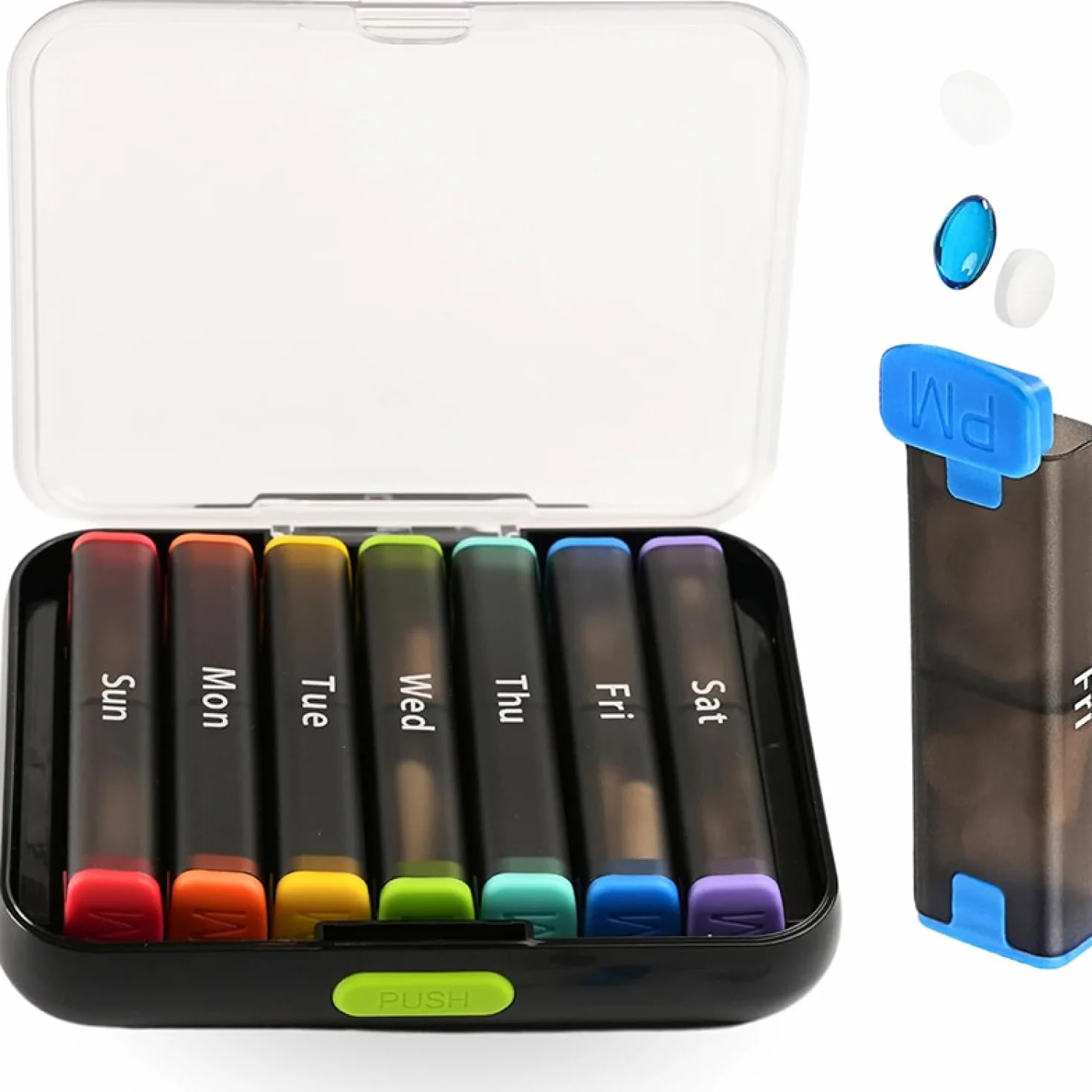 7-dniowy tygodniowy organizer na tabletki z przegródkami AM/PM - podróżny - przyjazny futerał na leki na codzienne leki, łatwy - otwarty design z podwójną ochroną na tabletki, witaminy i oleje rybne