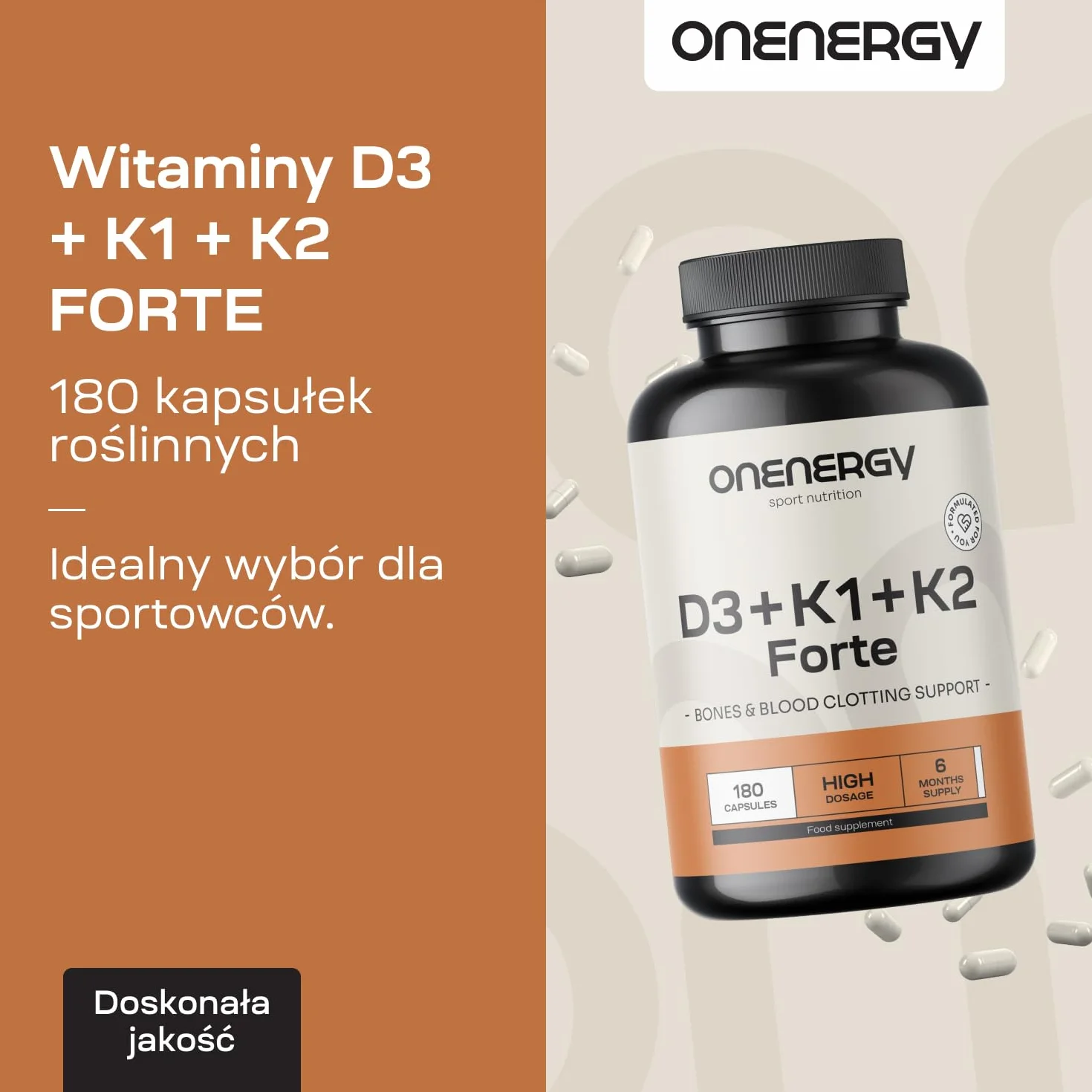 Witaminy D3 + K1 + K2 FORTE od OnEnergy - 180 kapsułek roślinnych - Wsparcie kości, mięśni i układu odpornościowego - Synergia witamin - Wsparcie krzepnięcia krwi - Zapas na 6 miesięcy