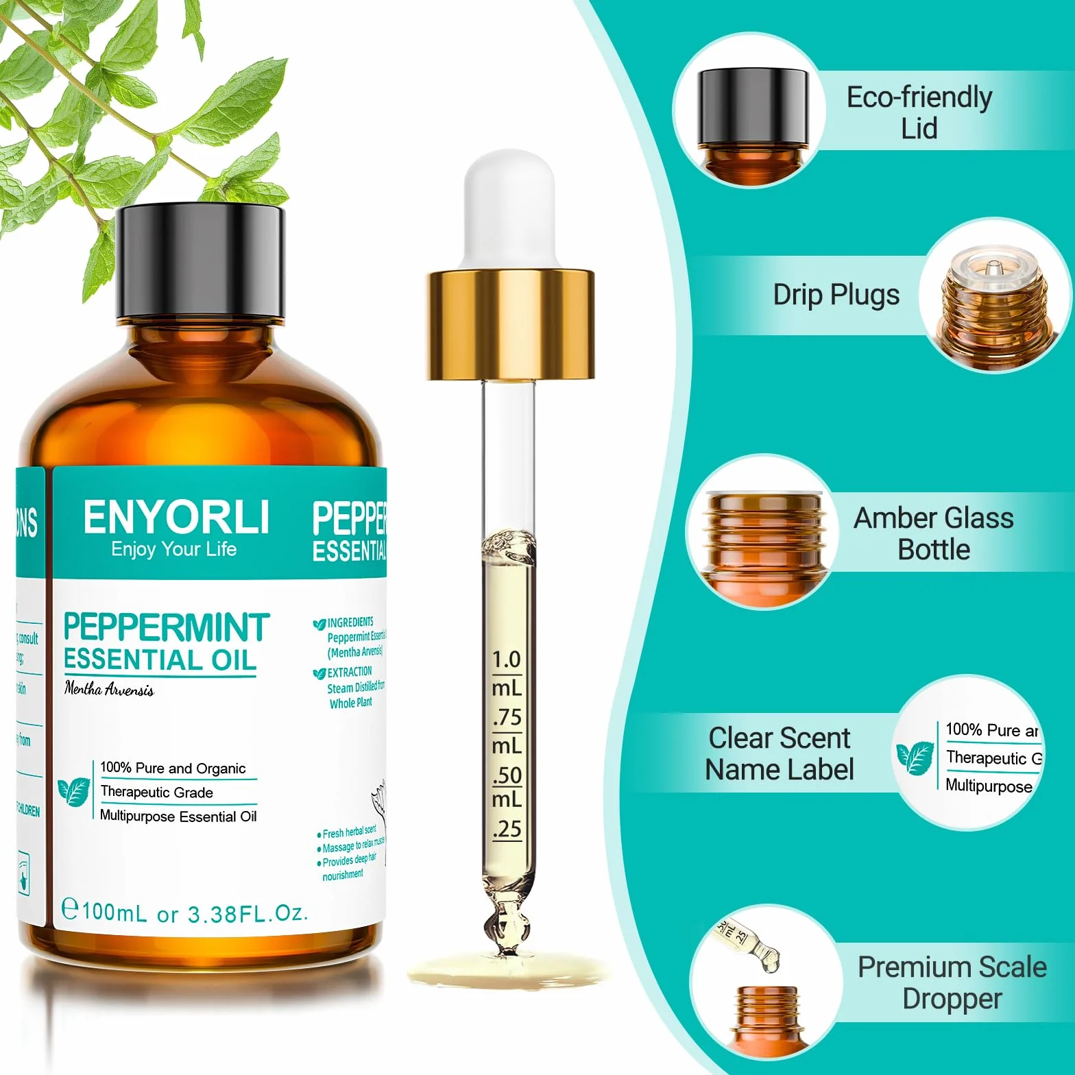 Peppermint Essential Oil 100ml Czysty Olejek z Mięty Pieprzowej do Skóry Twarzy Włosów Aromaterapii