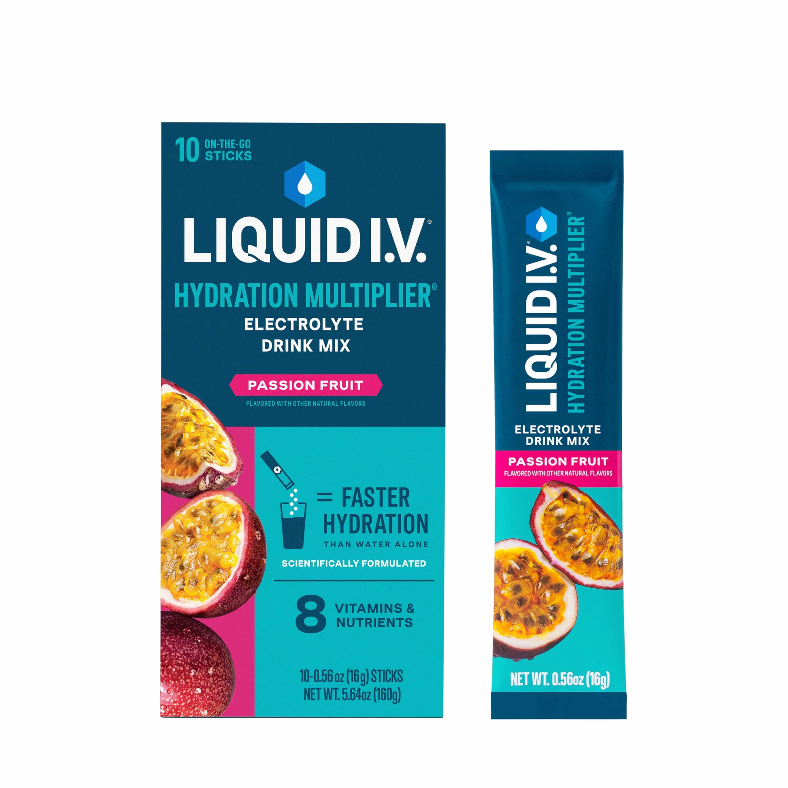Liquid I.V Hydration Multiplier, mieszanka napoju elektrolitowego, marakuja, 10 pojedynczych saszetek (16 g)