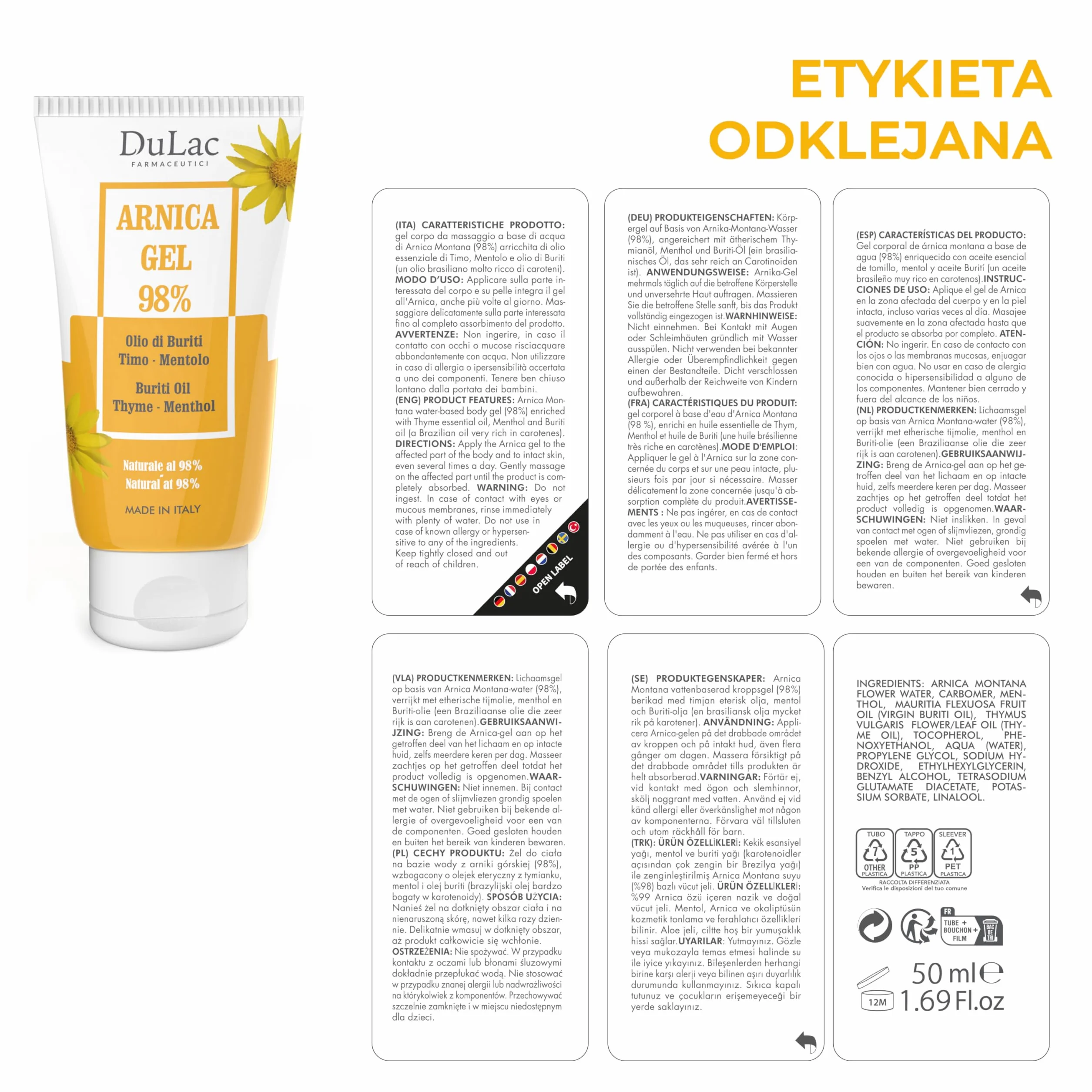 DuLàc, Żel z Arniką 98% z Olejkiem Buriti, Tymiankiem i Mentolem, Odpowiedni do Masażu Skóry Mięśni i Stawów, Testowany Dermatologicznie, Testowany na Nikiel, Wyprodukowany we Włoszech, 50 ml